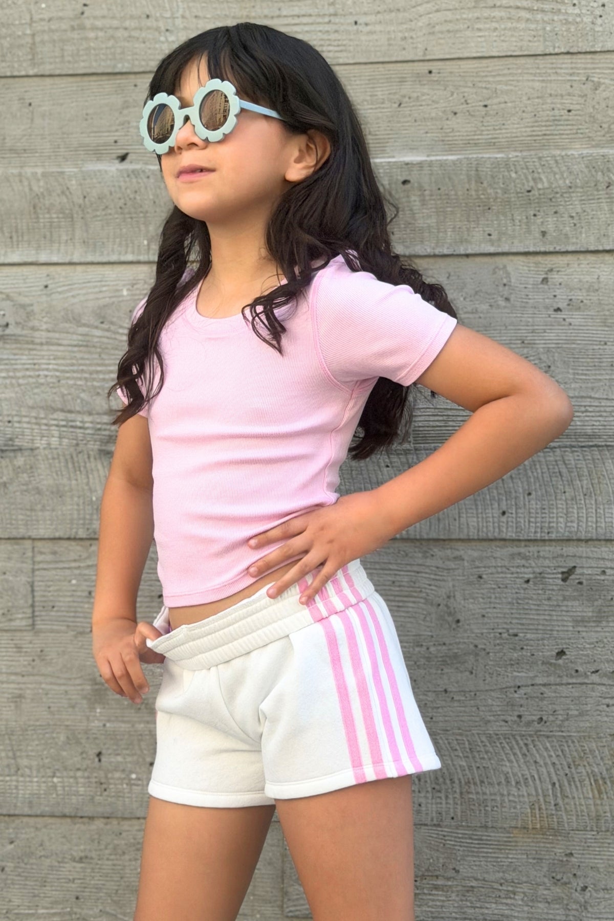 French Terry Smocked Striped Short - Ivory Pink