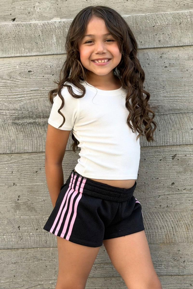 French Terry Smocked Striped Short - Black Pink