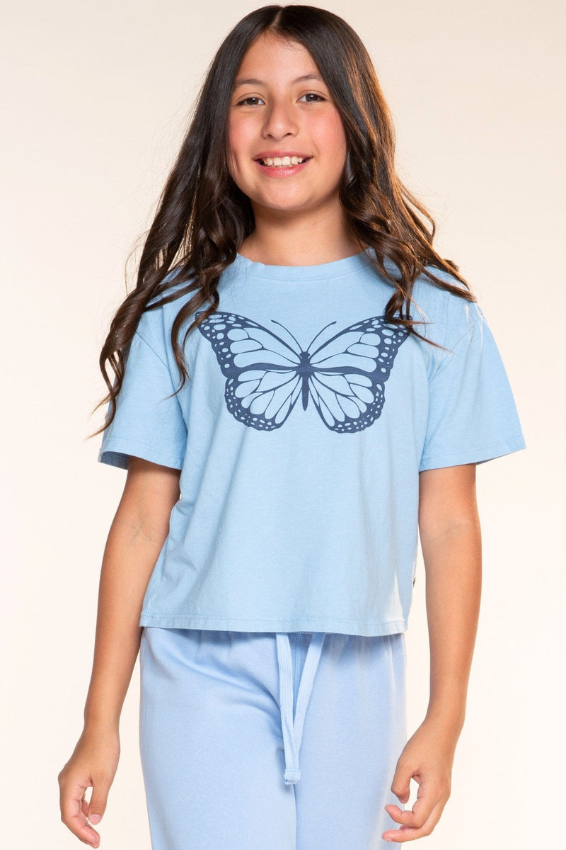 Washed Cotton Drop Shoulder Tee. - Light Blue Butterfly - NEW!