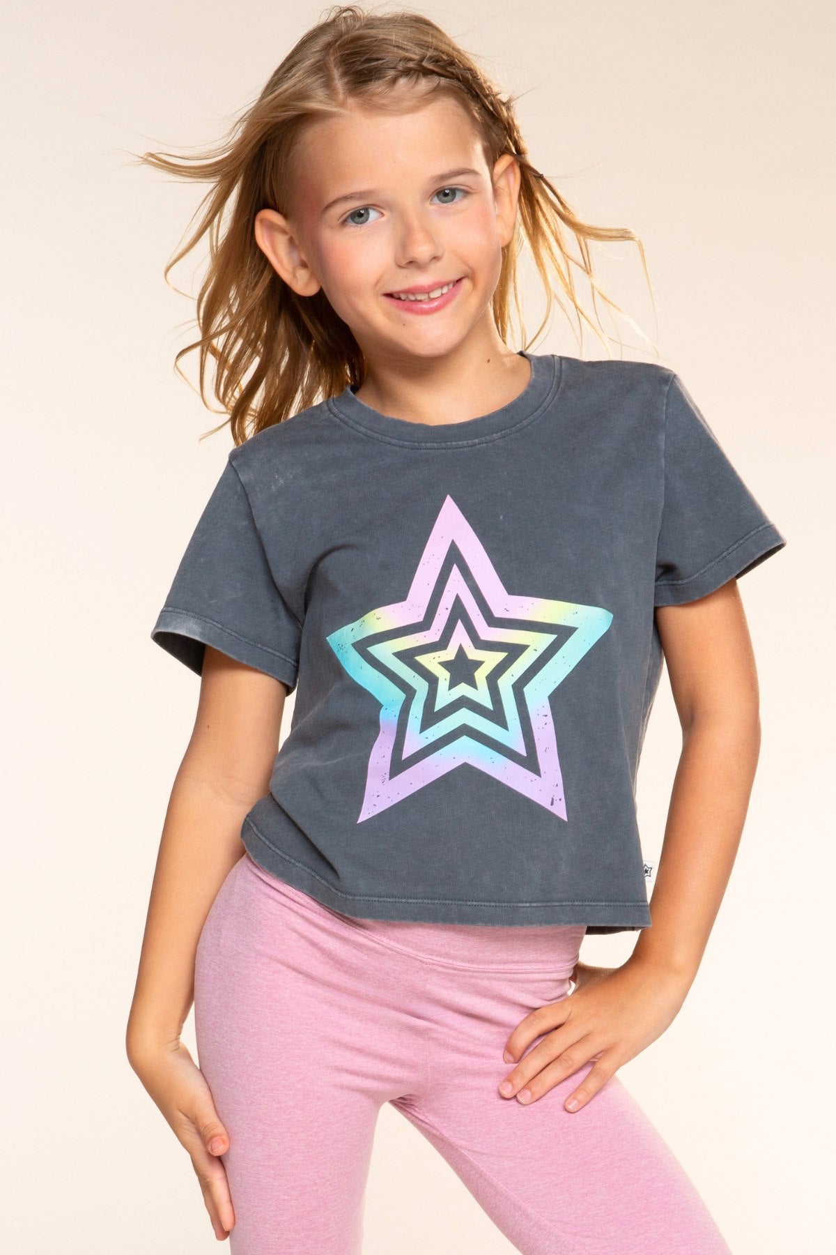 Vintaged Washed Cotton Easy Tee - Charcoal Rainbow Star - NEW!
