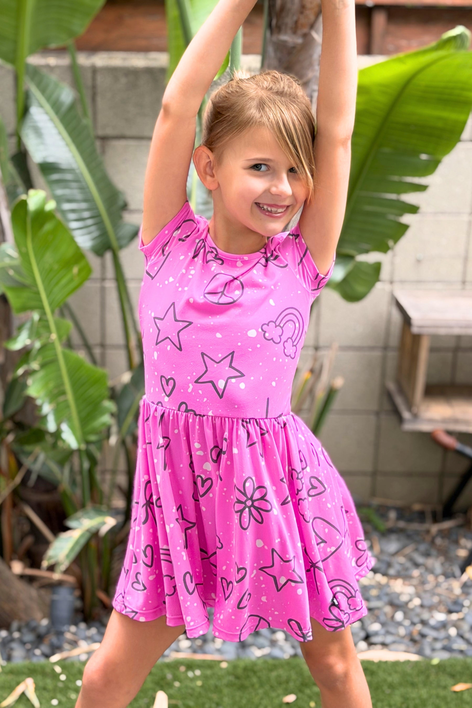 Simply Soft Short Sleeve Scoop Back Be Happy Dress - Neon Pink Sketch Emoji - NEW!