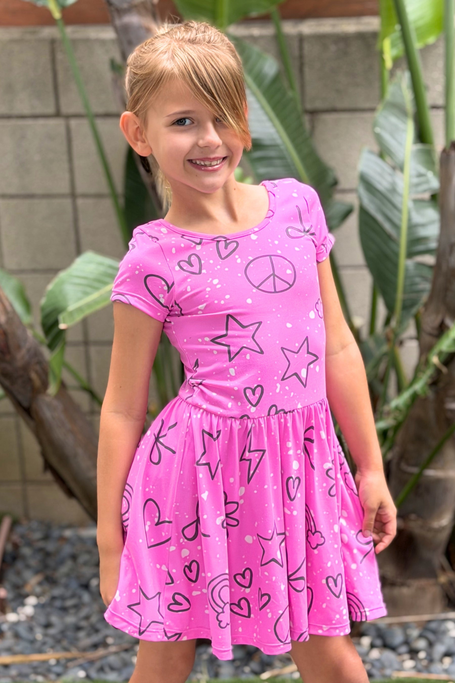Simply Soft Short Sleeve Scoop Back Be Happy Dress - Neon Pink Sketch Emoji - NEW!