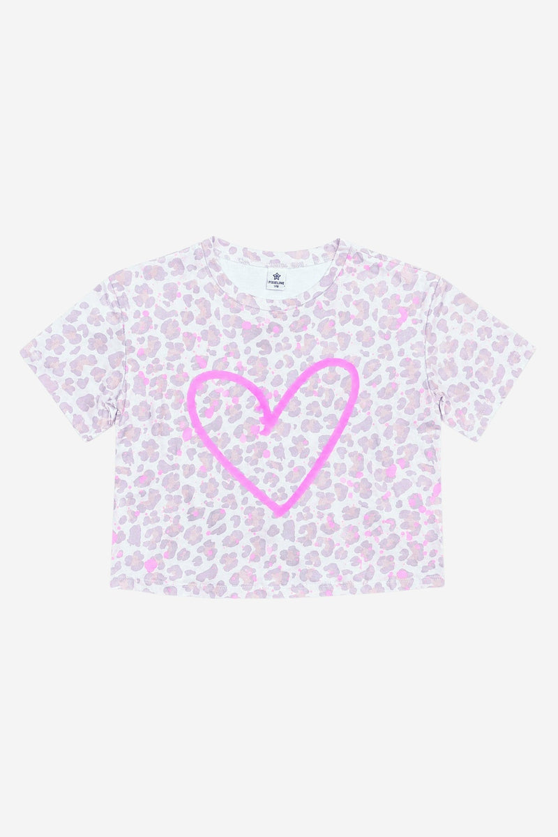 Washed Cotton Drop Shoulder Tee. - Taupe Leopard Pink Sketch Heart - NEW!
