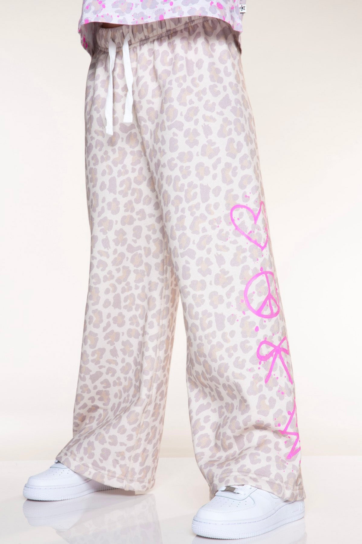 Cloud Soft French Terry Wide Leg Pant - Taupe Leopard Pink Sketch Emoji - NEW!