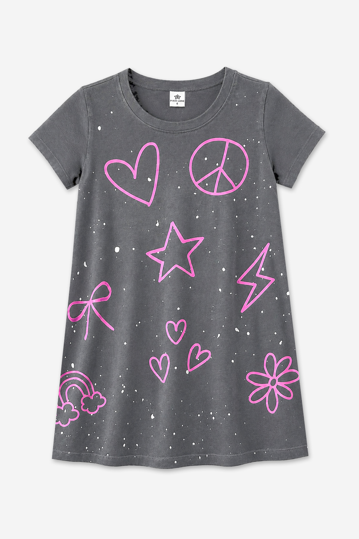 Washed Cotton Short Sleeve T-Shirt Dress - Vintage Black Pink Sketch Emoji - NEW!