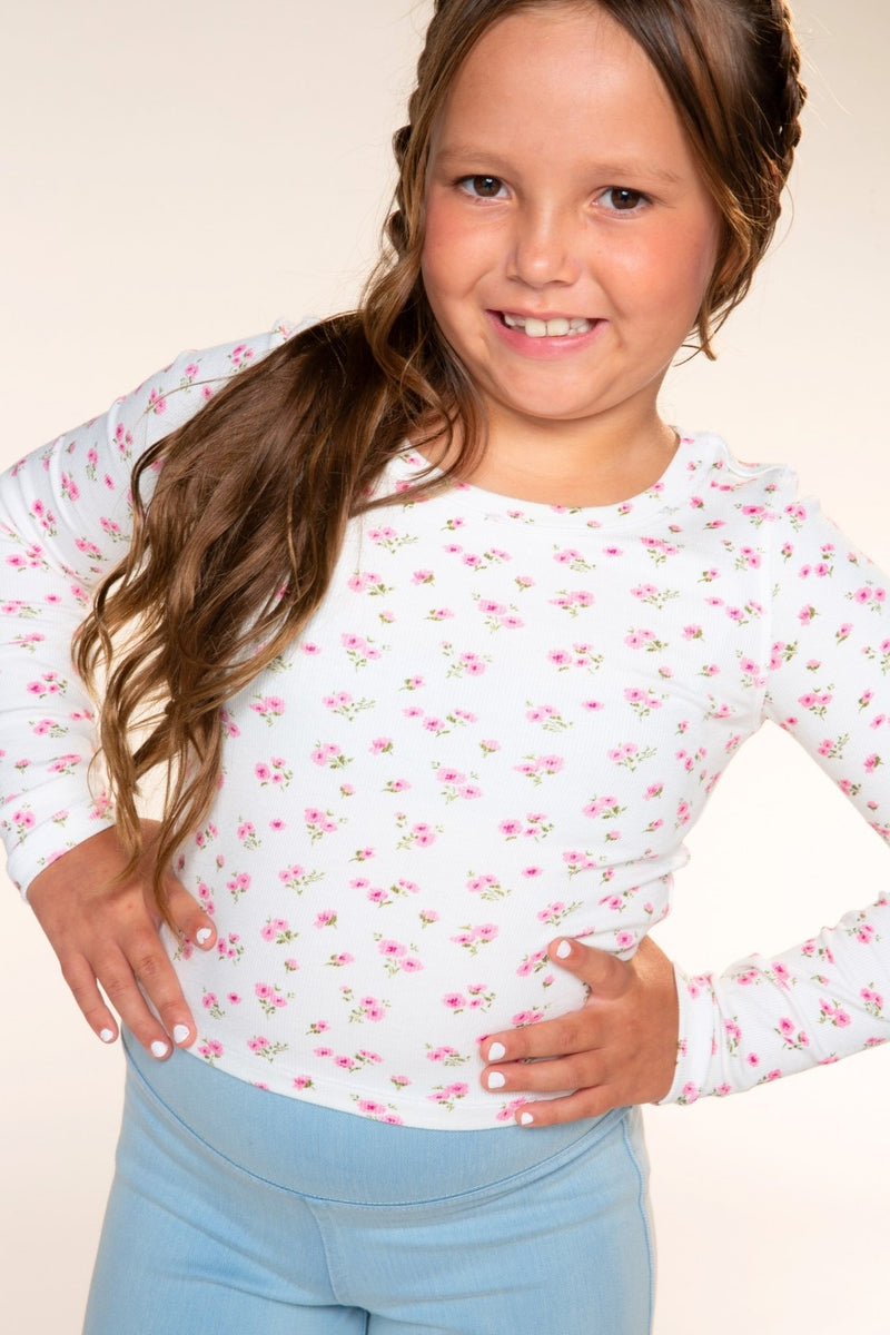 Ultra-Soft Ribbed Long Sleeve Fitted Tee - Oatmeal Pink Floral - NEW!