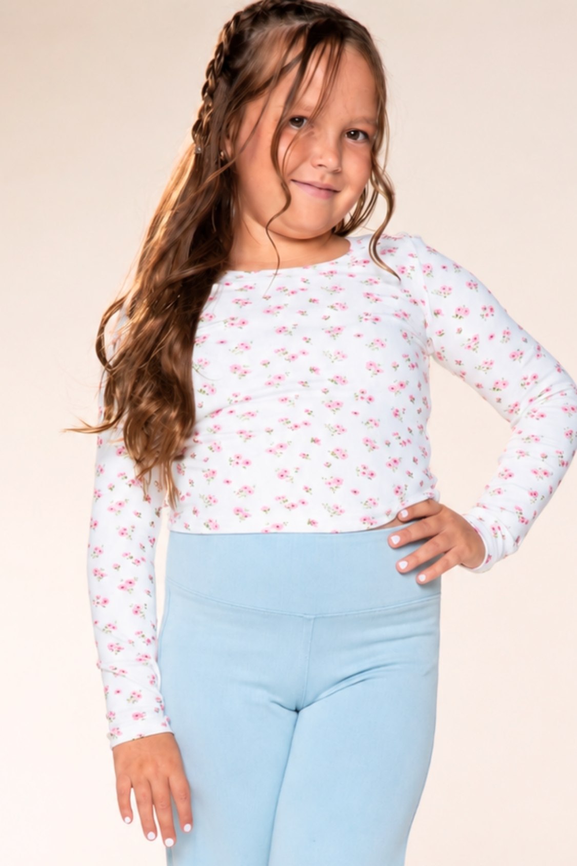 Ultra-Soft Ribbed Long Sleeve Fitted Tee - Oatmeal Pink Floral - NEW!