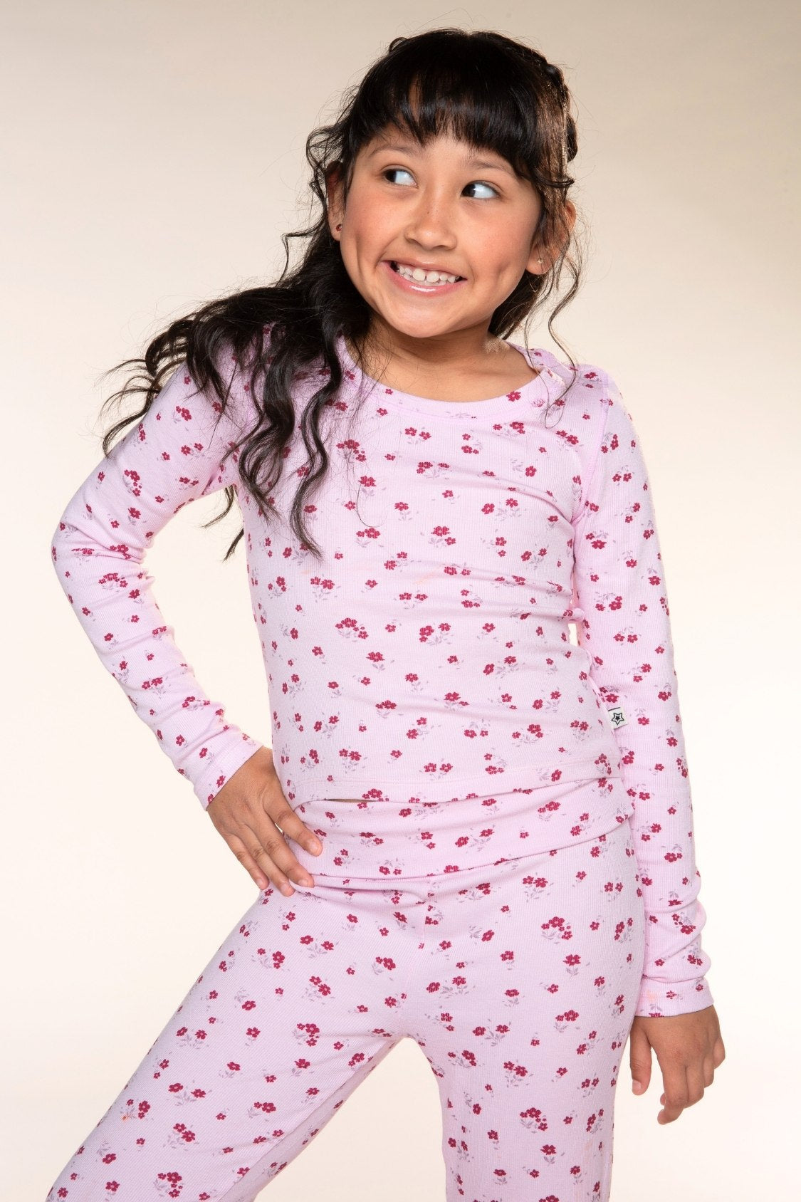Ultra-Soft Ribbed Long Sleeve Fitted Tee - Oatmeal Pink Floral - NEW!