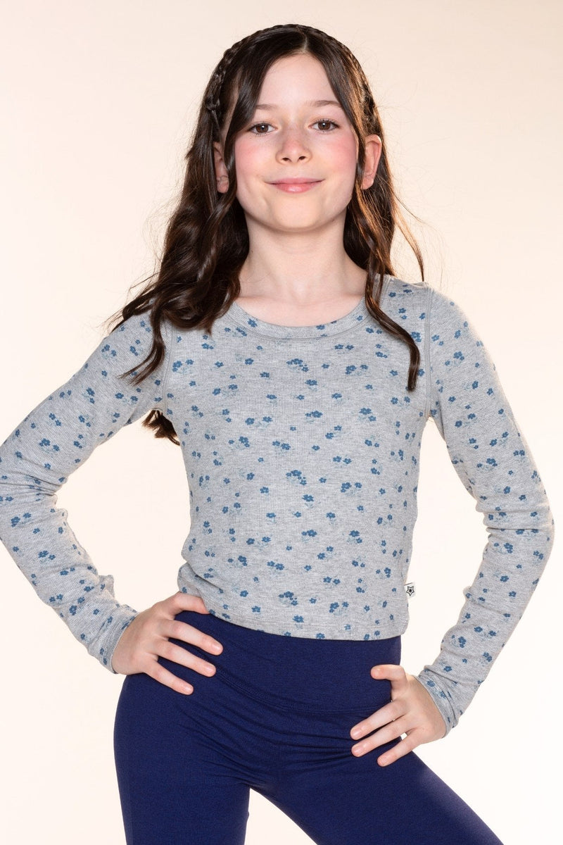 Ultra-Soft Ribbed Long Sleeve Fitted Tee - H Grey Navy Floral - NEW!