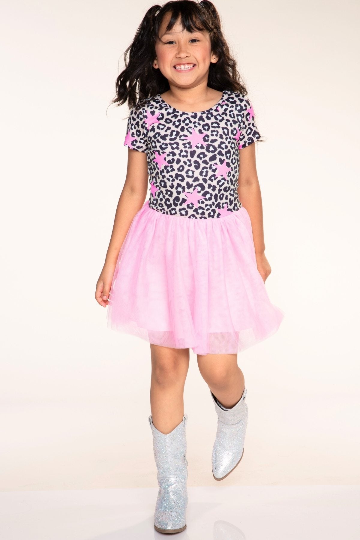 Simply Soft Short Sleeve Be Happy Tulle Dress - Taupe Pink Leopard Star - NEW!
