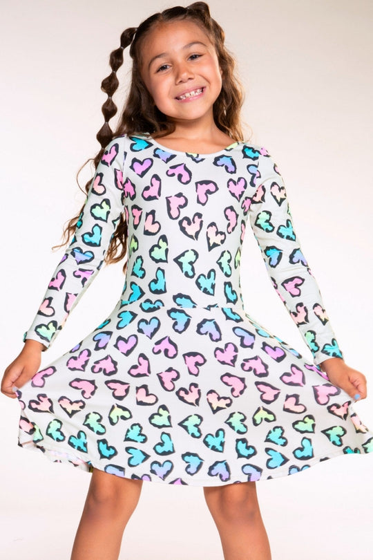 Simply Soft Long Sleeve Skater Dress in Rainbow Leopard Heart
