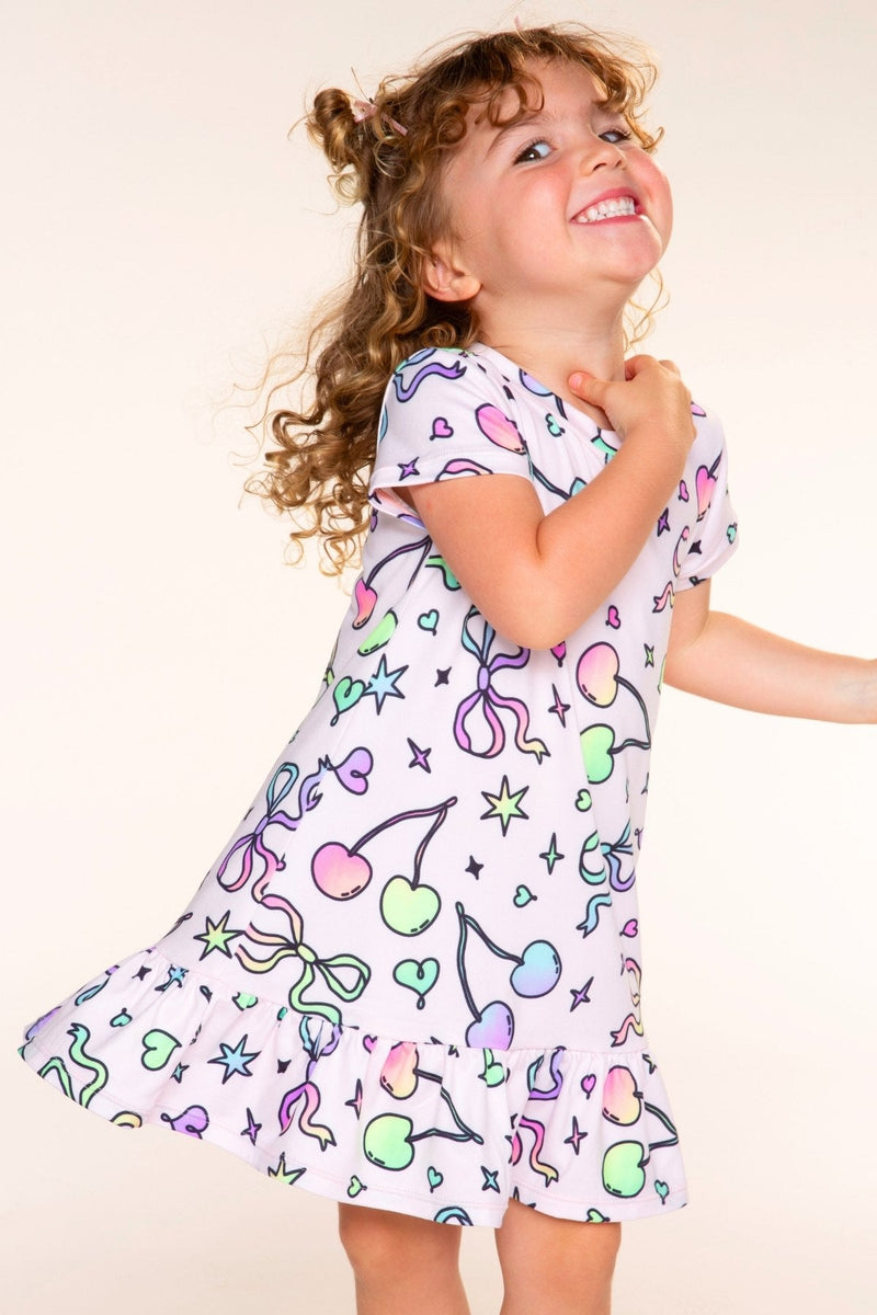 Simply Soft Short Sleeve Ruffle Lounge Dress - Pink Rainbow Bow Cherry - NEW