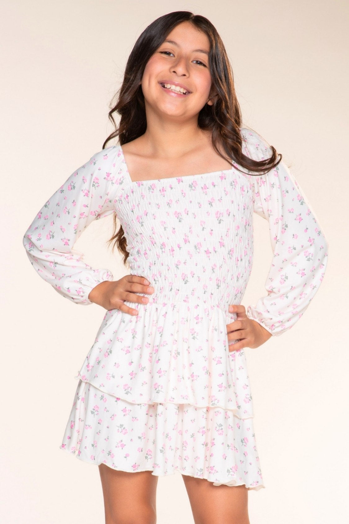 Simply Soft Long Sleeve Smocked Ruffle Skirt Dress - Ivory Ditsy Pink Floral - NEW!