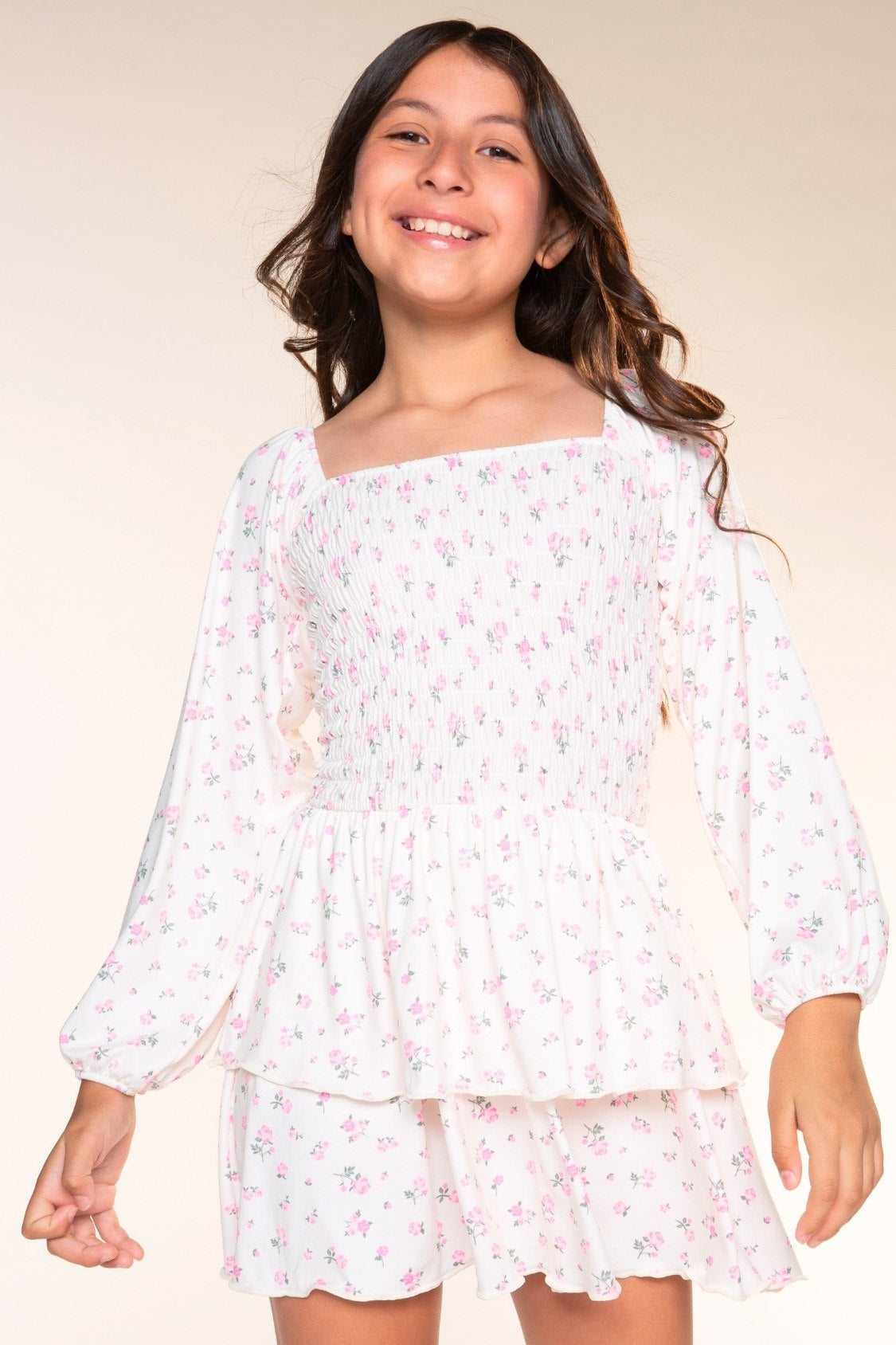 Simply Soft Long Sleeve Smocked Ruffle Skirt Dress - Ivory Ditsy Pink Floral - NEW!