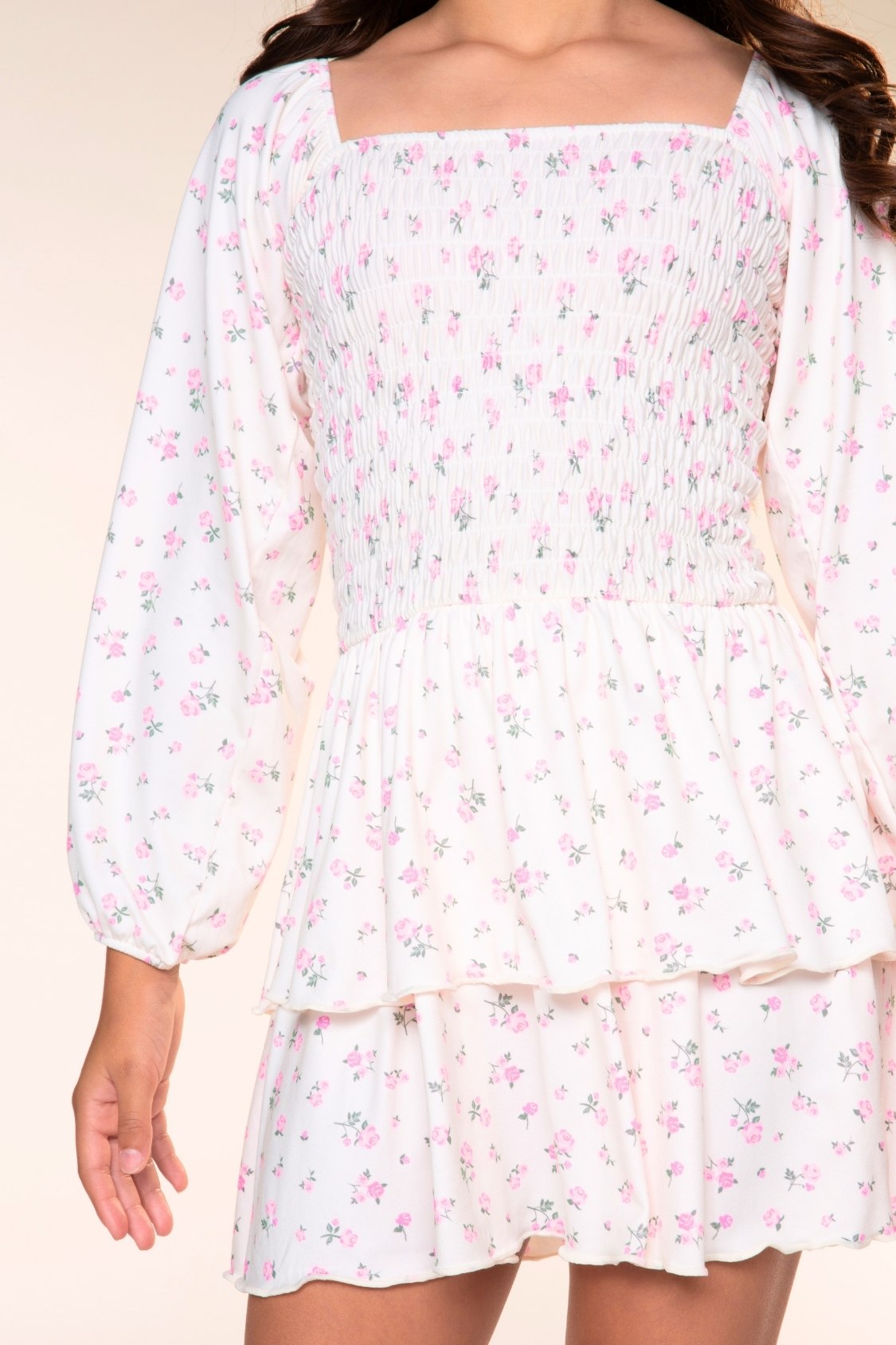 Simply Soft Long Sleeve Smocked Ruffle Skirt Dress - Ivory Ditsy Pink Floral - NEW!