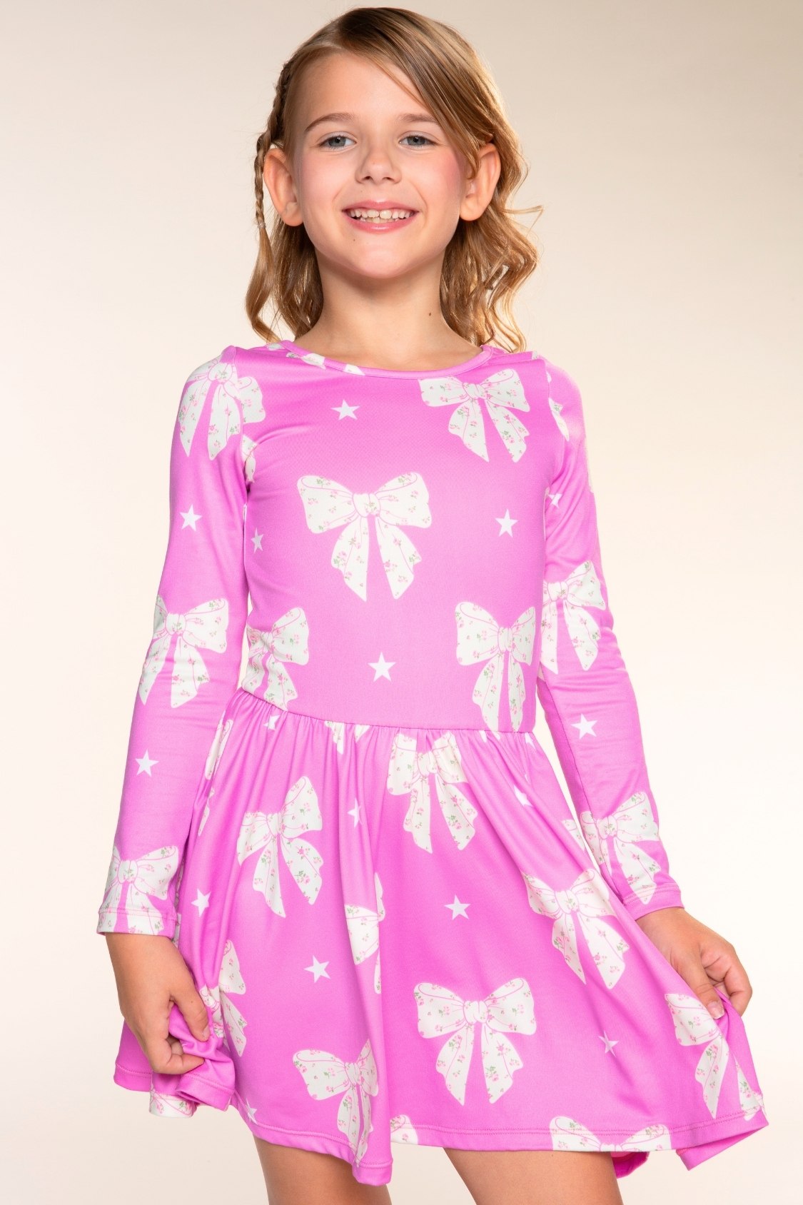 Simply Soft Long Sleeve Scoop Back Be Happy Dress - Pink Floral Bow - NEW!