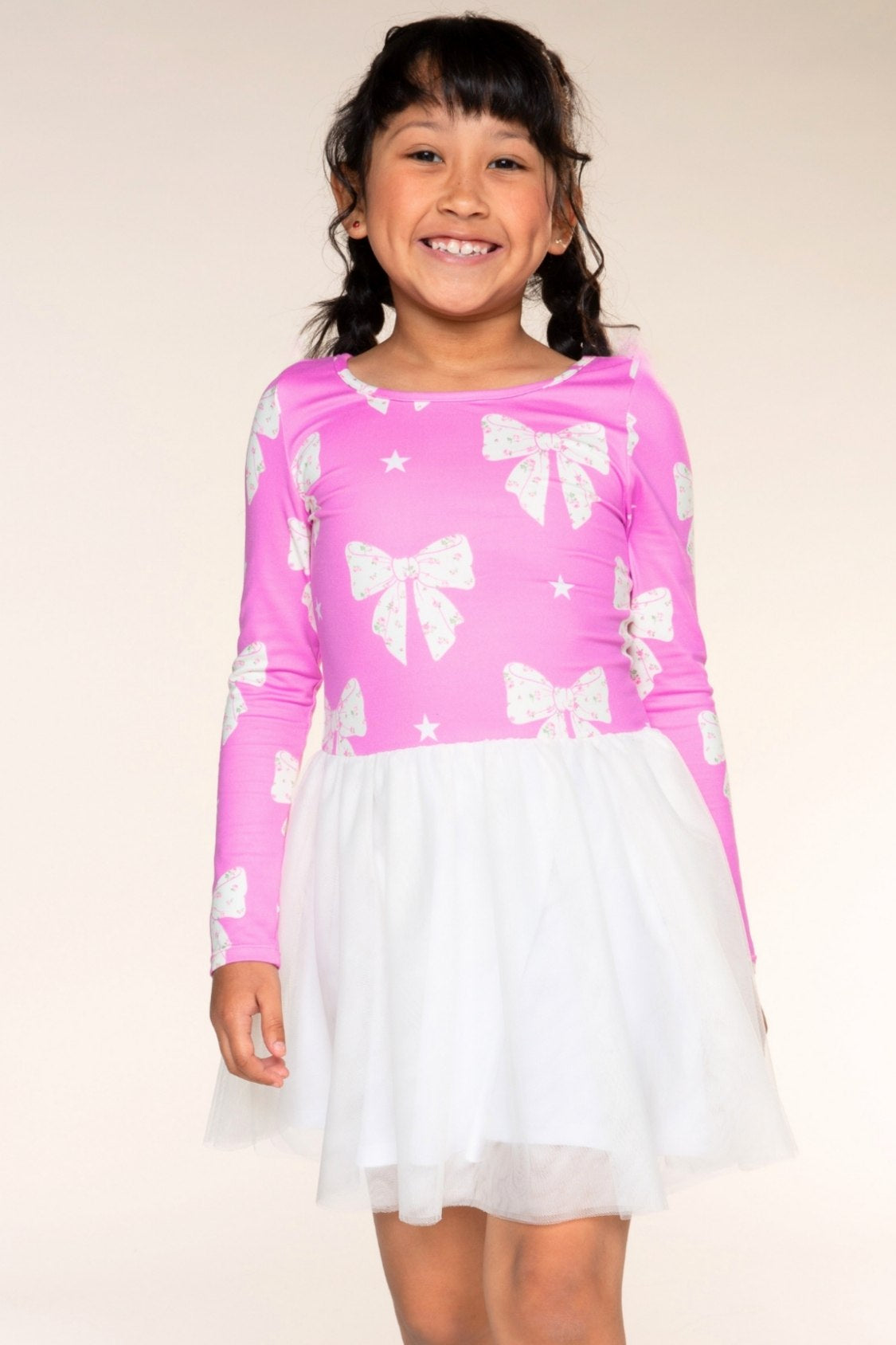 Simply Soft Long Sleeve Scoop Back Tulle Be Happy Dress - Pink Floral Bow Ivory - NEW!