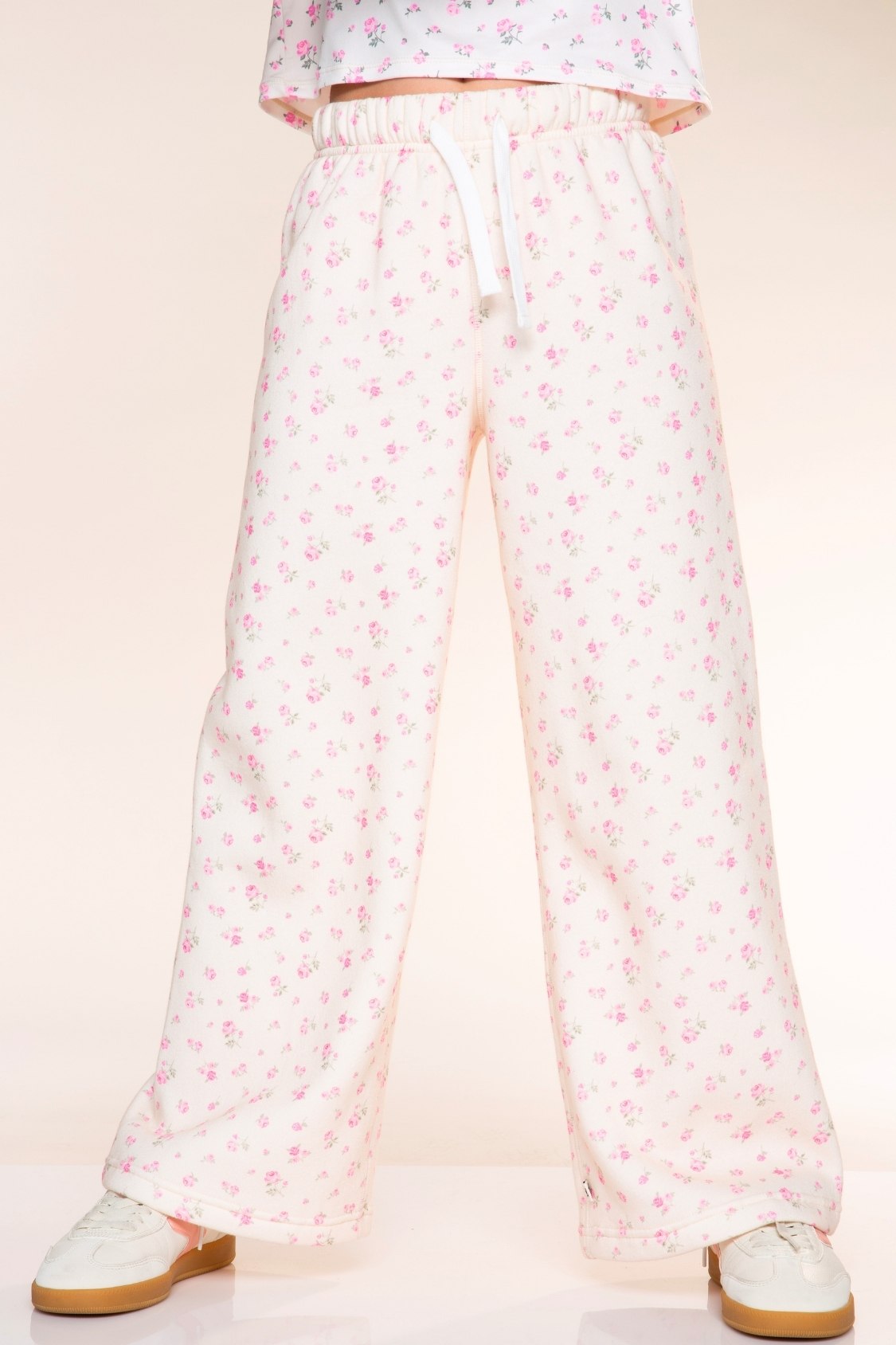 Cloud Soft French Terry Wide Leg Pant - Ivory Ditsy Pink Floral - NEW!