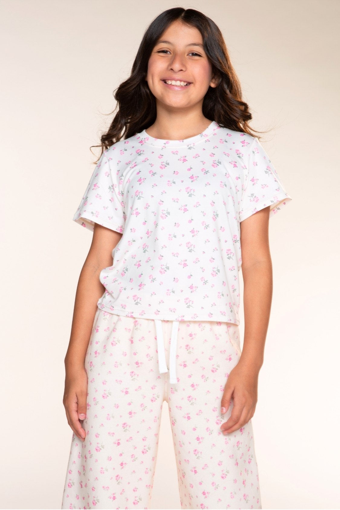 Cloud Soft French Terry Wide Leg Pant - Ivory Ditsy Pink Floral - NEW!
