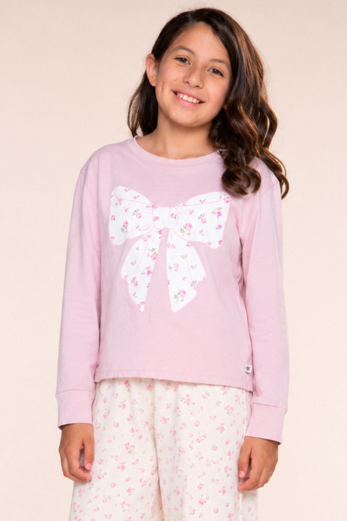 Washed Cotton Long Sleeve Easy Tee - Mauve Ivory Floral Bow - NEW!
