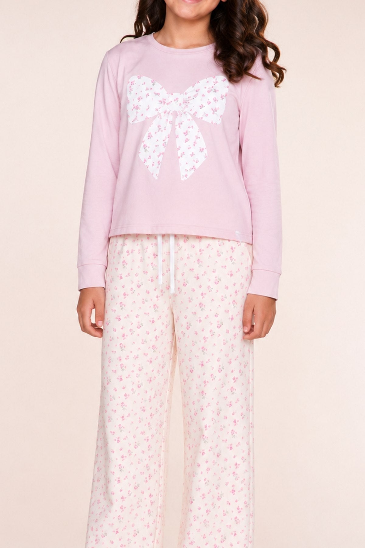 Washed Cotton Long Sleeve Easy Tee - Mauve Ivory Floral Bow - NEW!