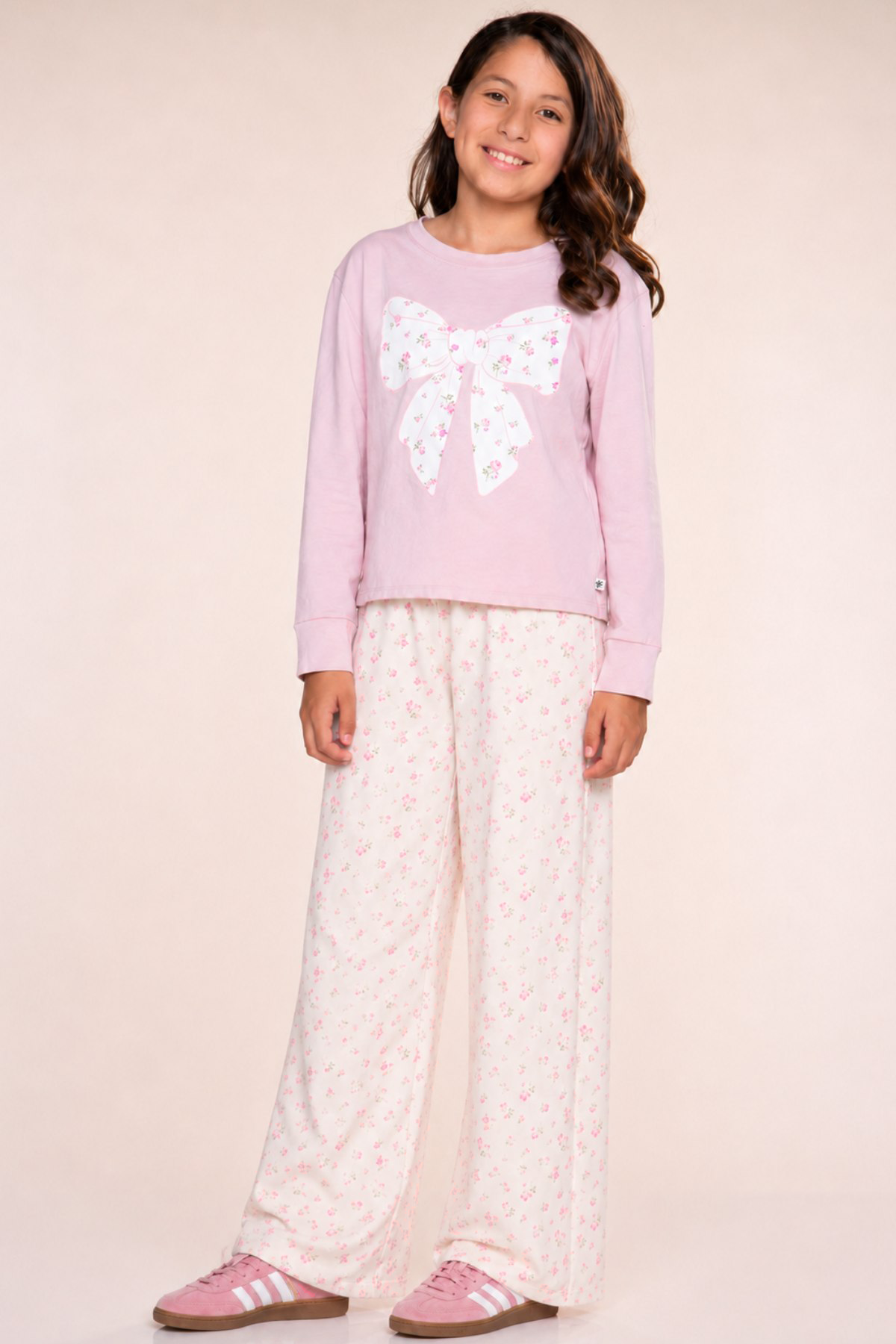 Washed Cotton Long Sleeve Easy Tee - Mauve Ivory Floral Bow - NEW!
