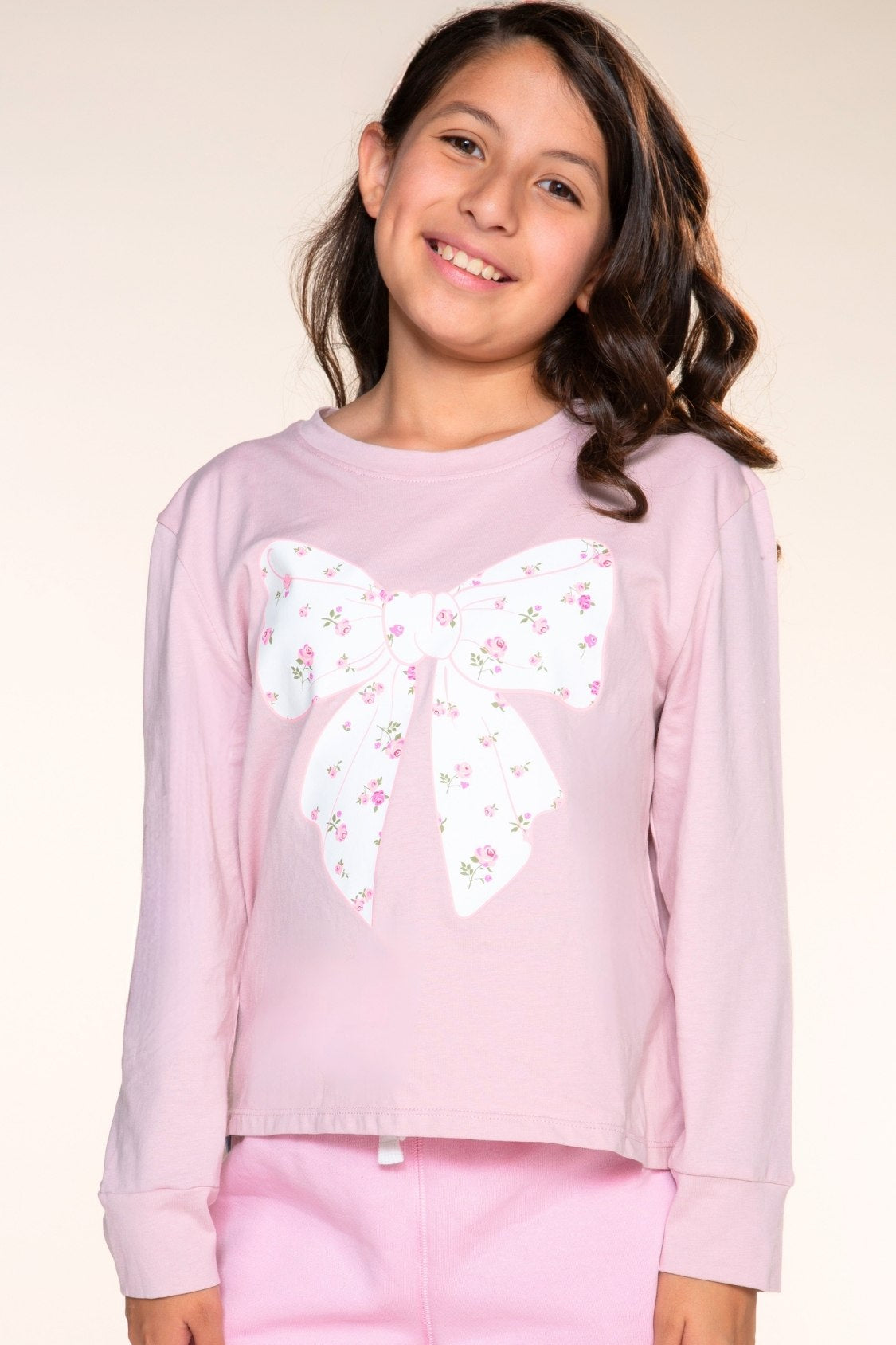 Washed Cotton Long Sleeve Easy Tee - Mauve Ivory Floral Bow - NEW!