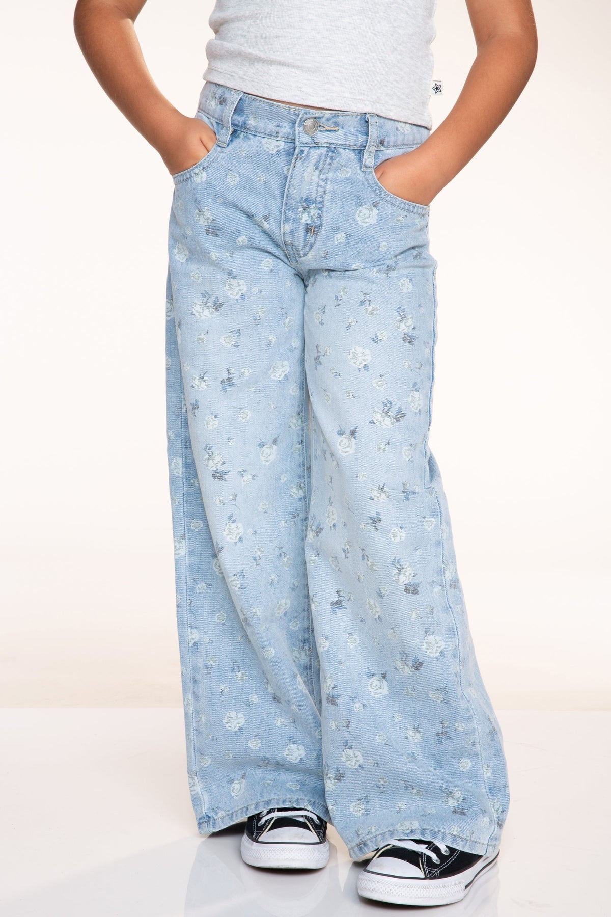 Relaxed Wide Leg Jeans - Medium Blue Wash Pink Floral - NEW!