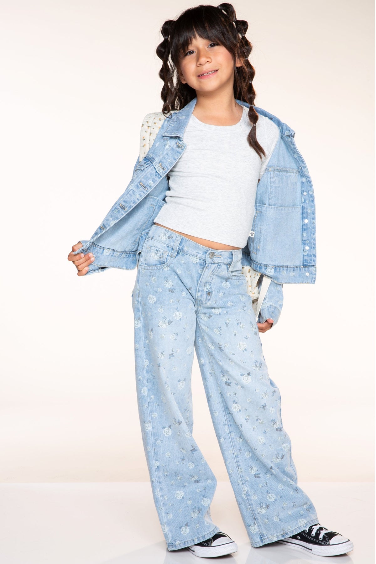 Relaxed Wide Leg Jeans - Medium Blue Wash Pink Floral - NEW!