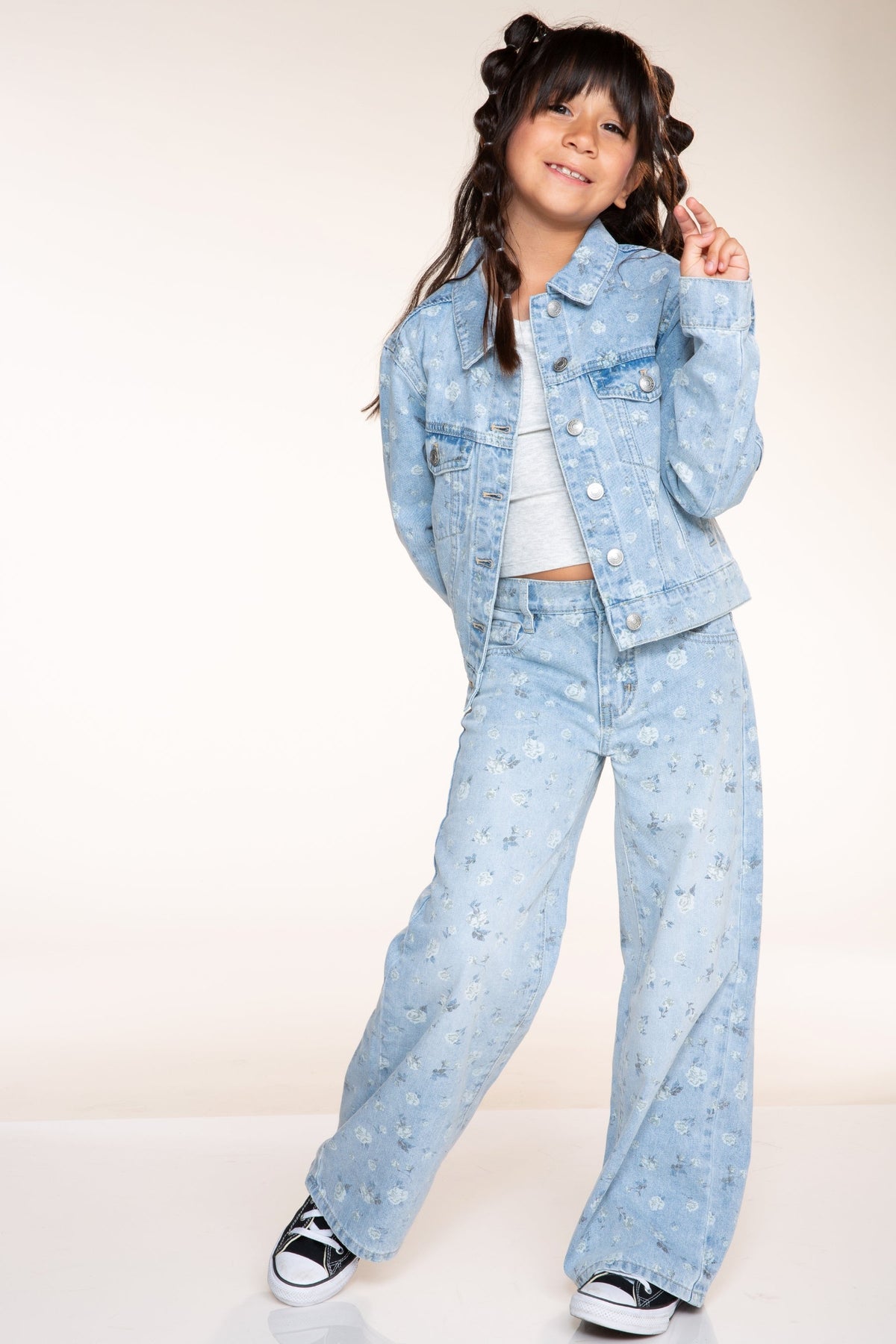 Relaxed Wide Leg Jeans - Medium Blue Wash Pink Floral - NEW!