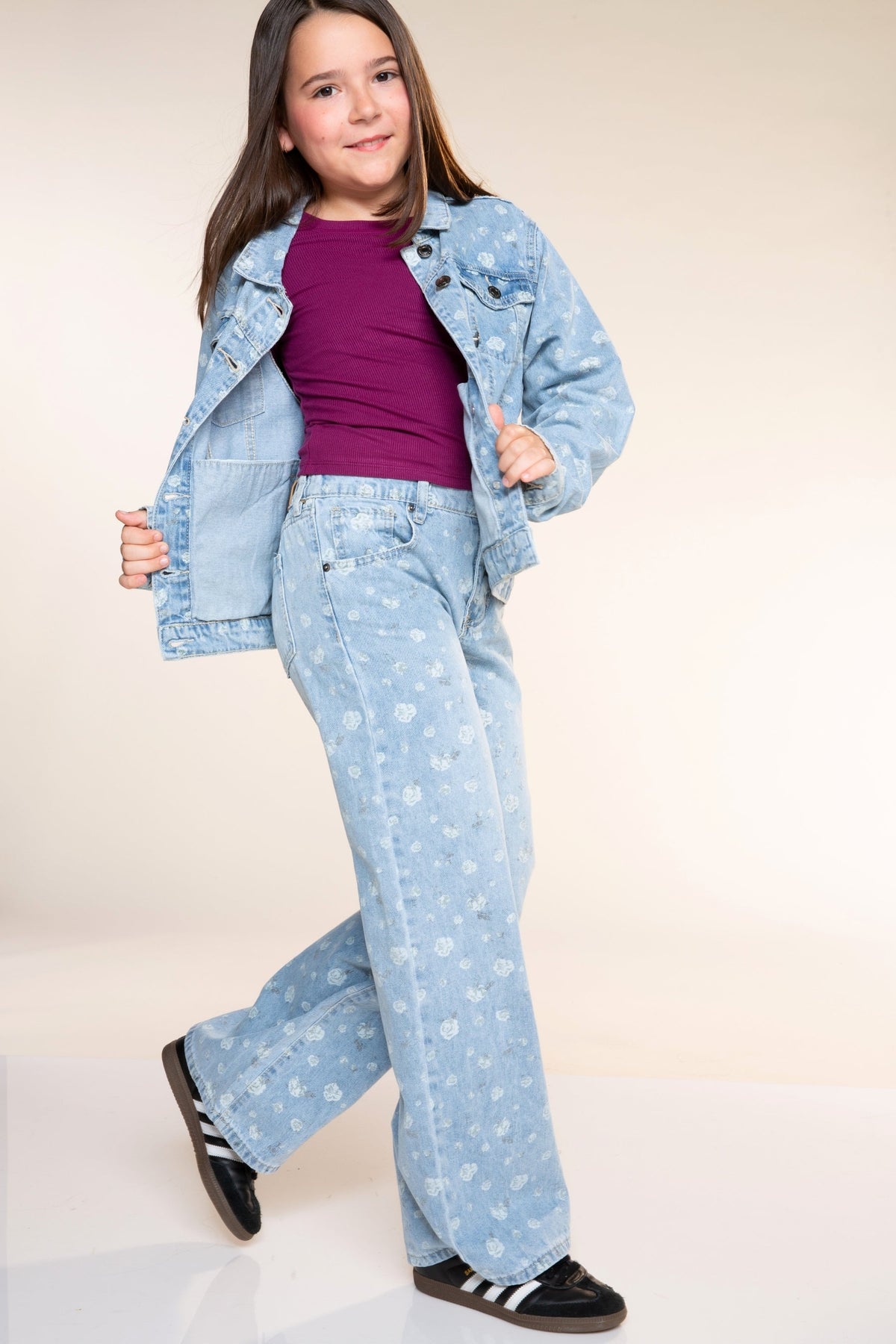 Relaxed Wide Leg Jeans - Medium Blue Wash Pink Floral - NEW!