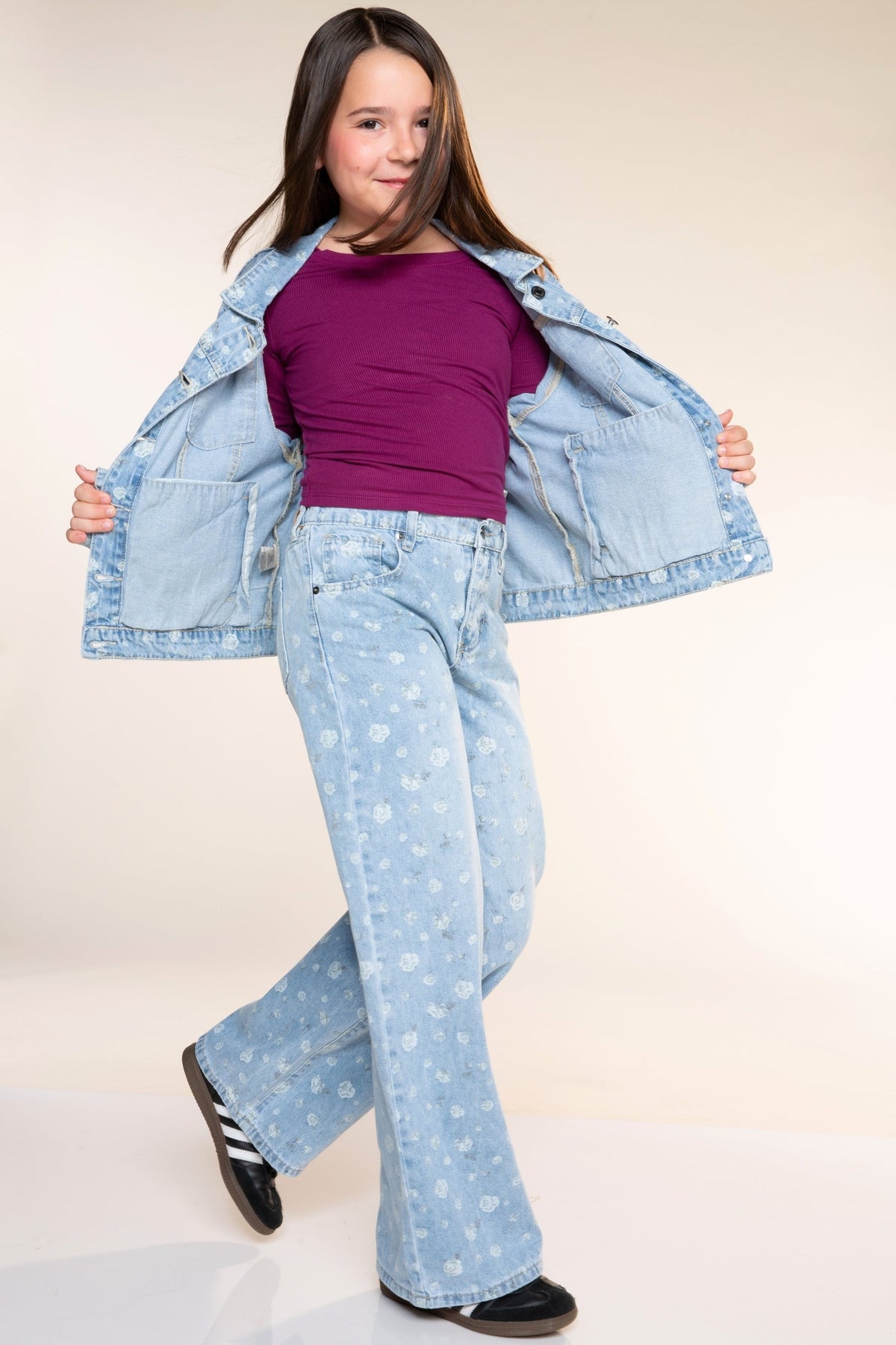 Relaxed Wide Leg Jeans - Medium Blue Wash Pink Floral - NEW!
