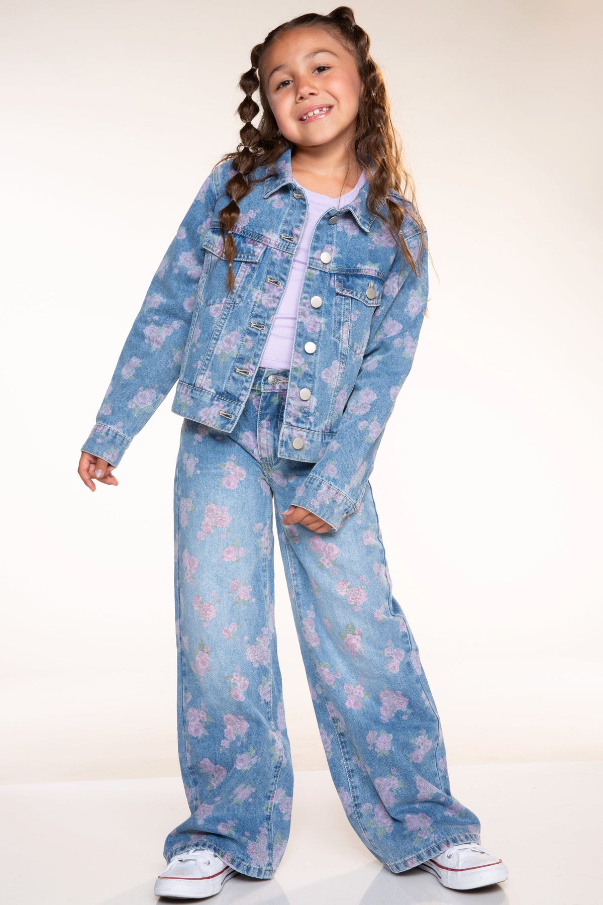 Relaxed Wide Leg Jeans - Medium Blue Wash Pink Floral - NEW!