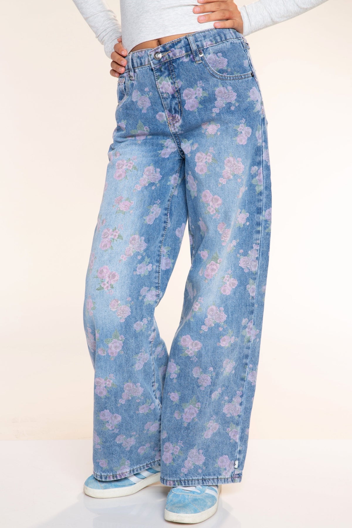 Relaxed Wide Leg Jeans - Medium Blue Wash Pink Floral - NEW!