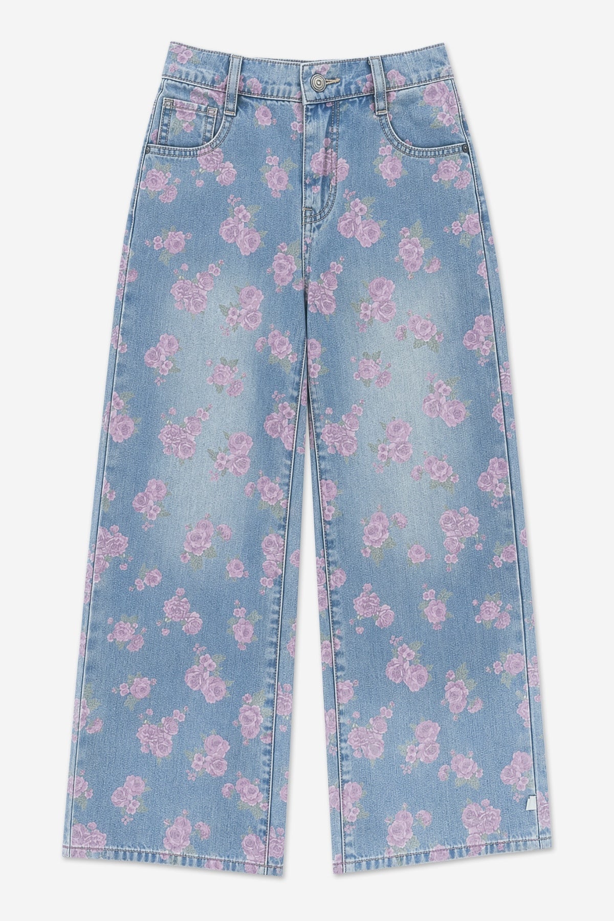 Relaxed Wide Leg Jeans - Medium Blue Wash Pink Floral - NEW!