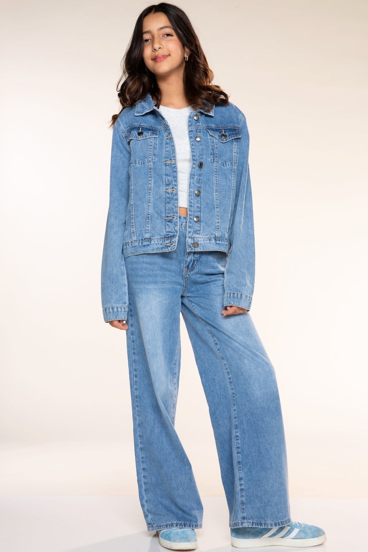 Relaxed Wide Leg Jeans - Medium Blue Wash Pink Floral - NEW!