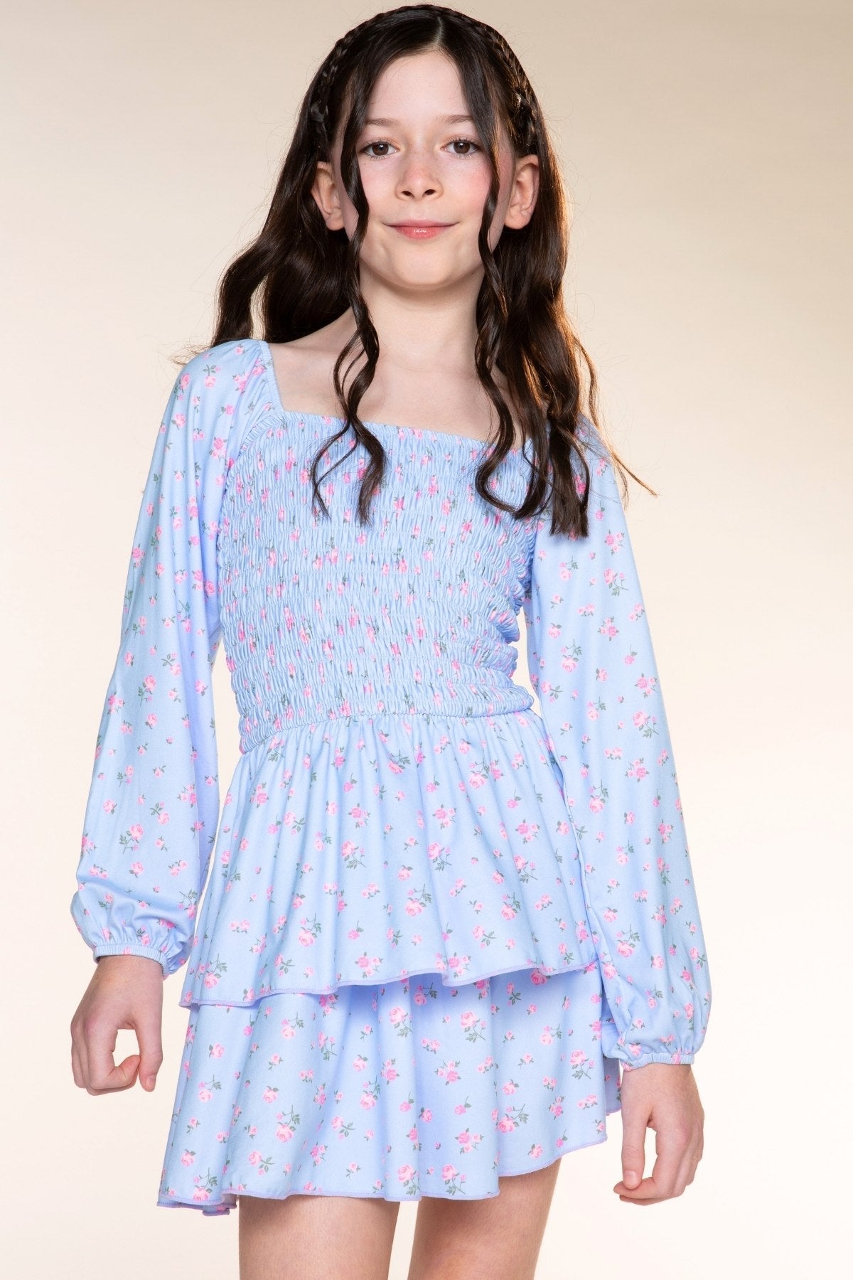 Simply Soft Long Sleeve Smocked Ruffle Skirt Dress