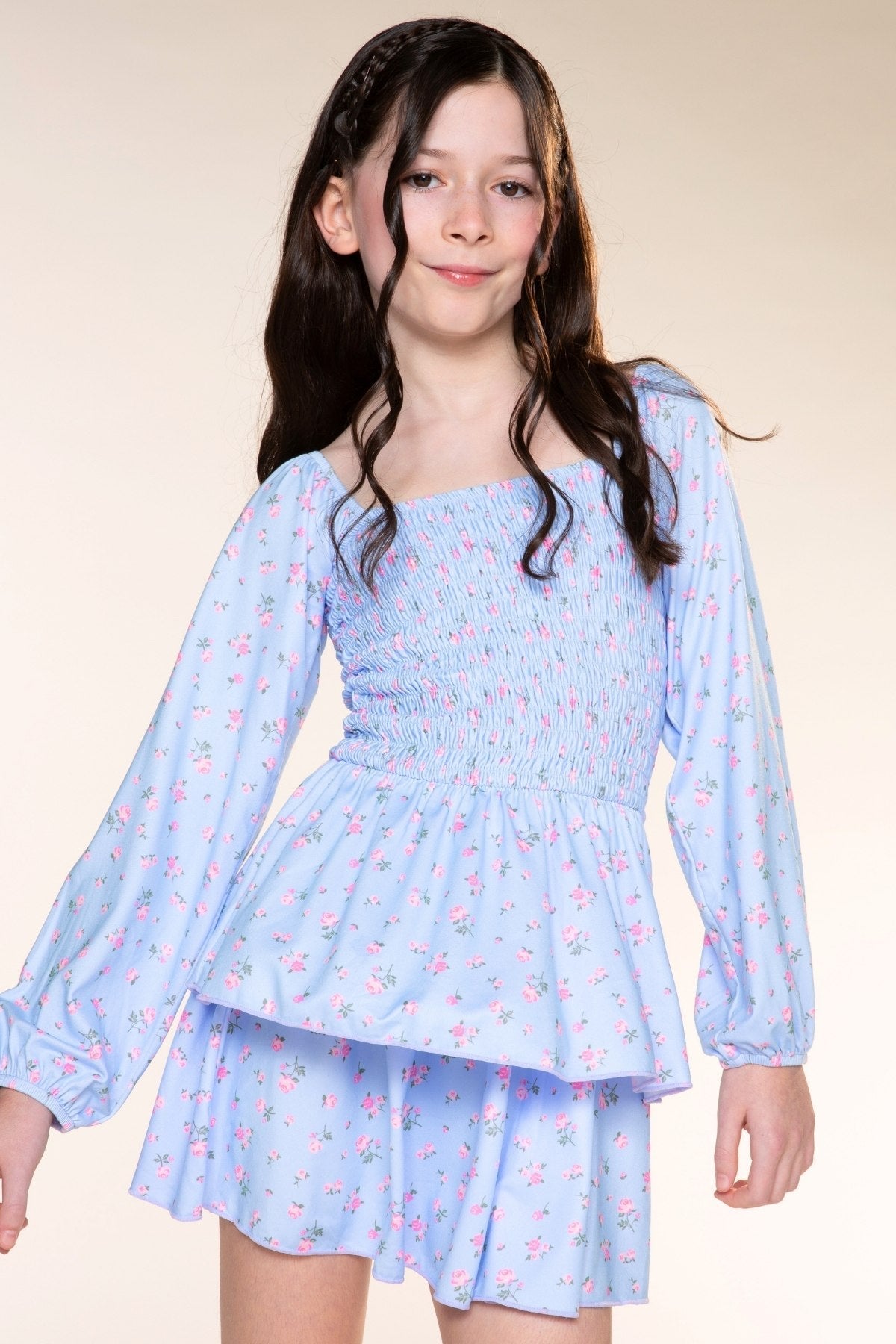 Simply Soft Long Sleeve Smocked Ruffle Skirt Dress - Light Blue Floral - NEW!