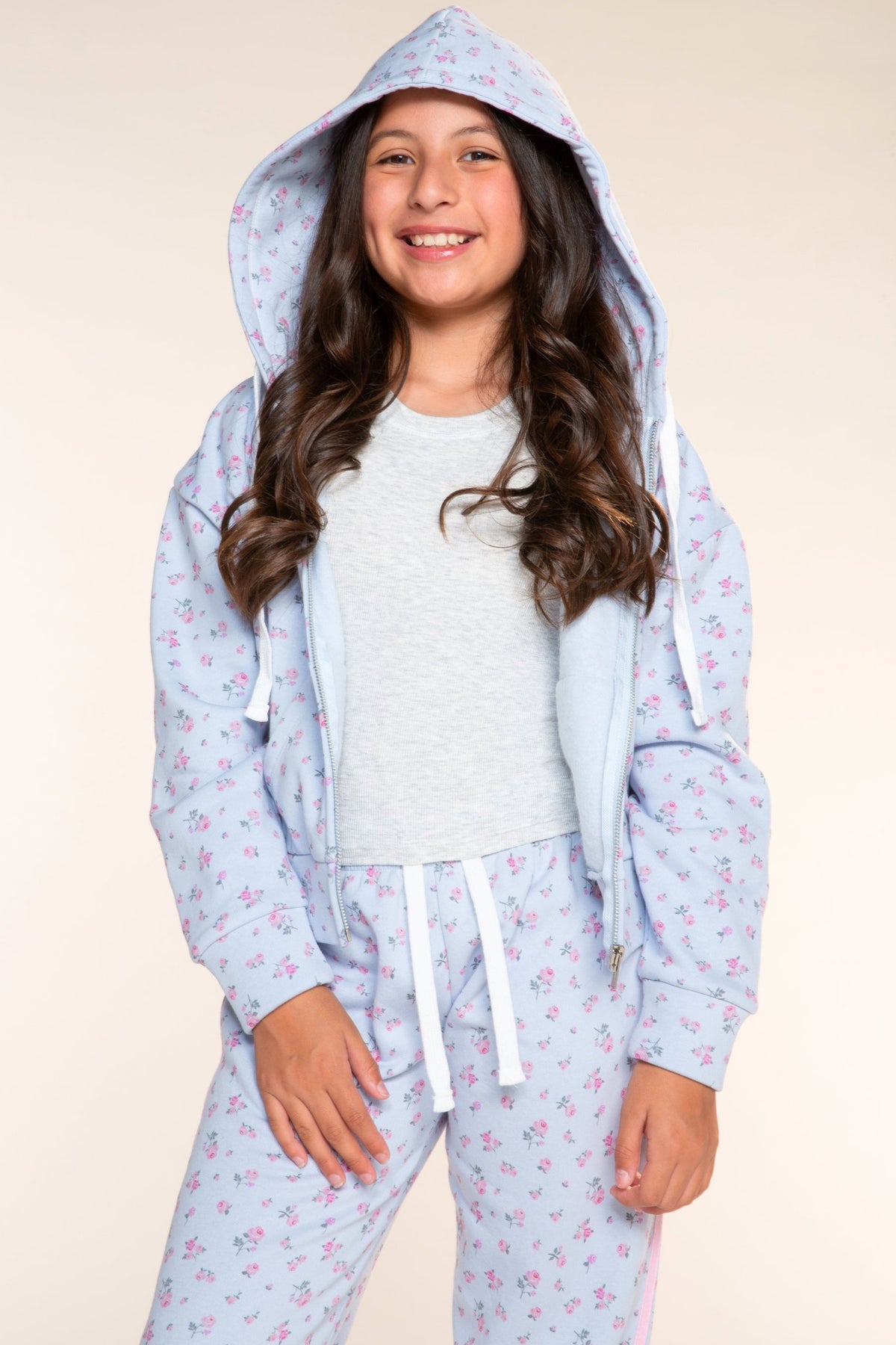 Cotton Soft French Terry Drop Shoulder Zip Hoodie - Light Blue Floral - NEW!
