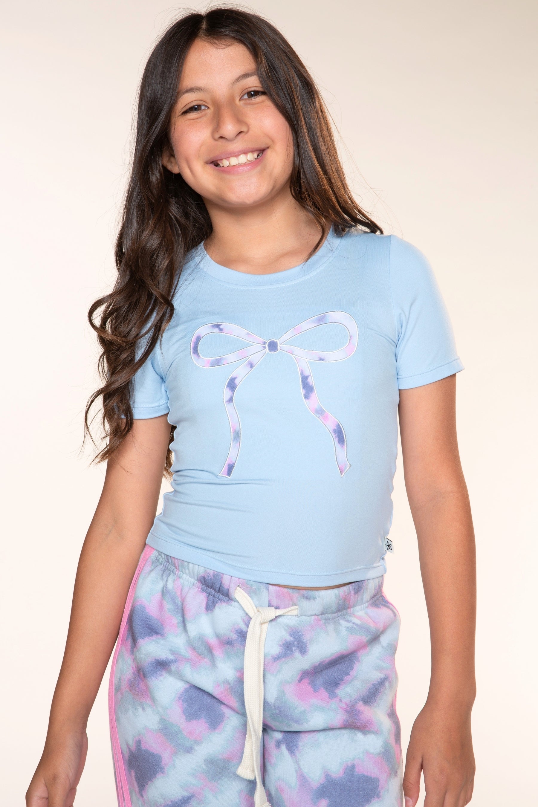 Simply Soft Short Sleeve Fitted Tee - Ice Blue Tie Dye Bow - NEW!
