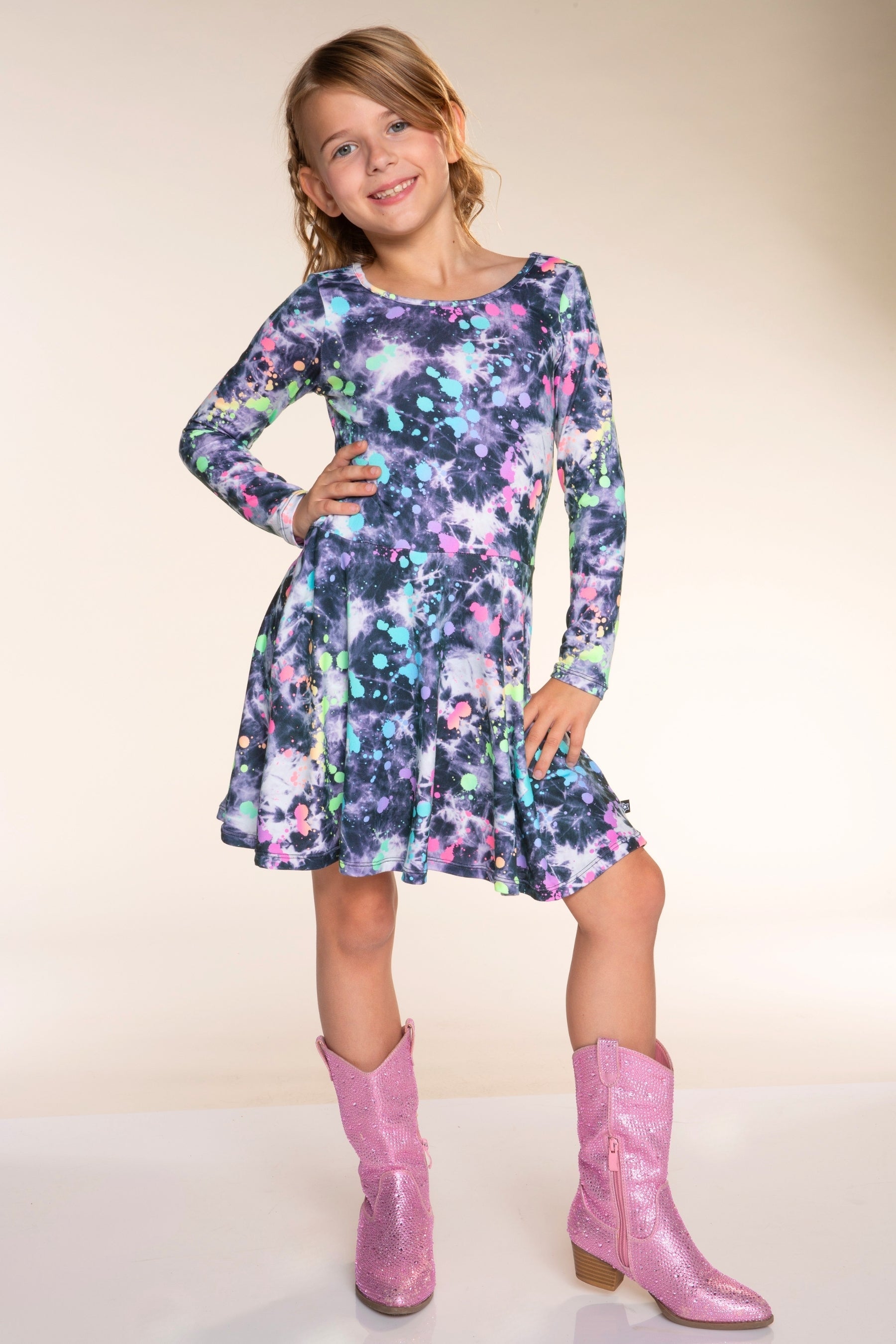 Simply Soft Long Sleeve Skater Dress - Black Tie Dye Rainbow Splatter - NEW!