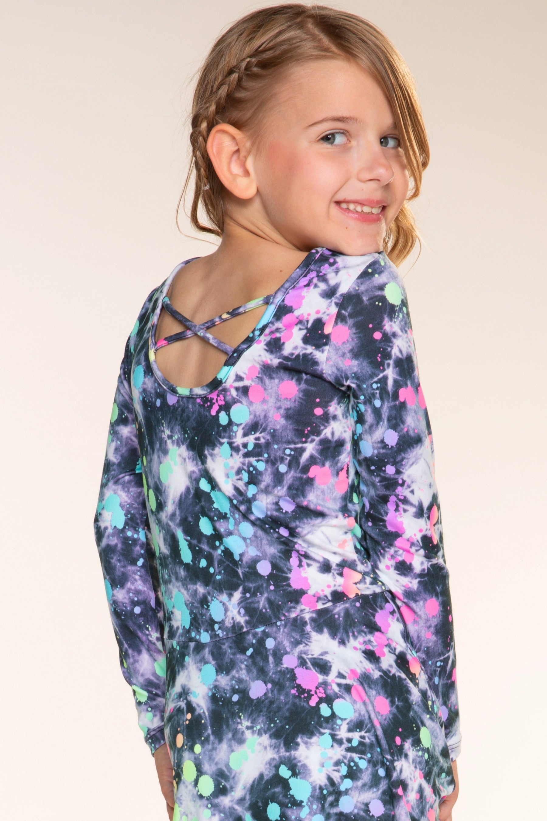 Simply Soft Long Sleeve Skater Dress - Black Tie Dye Rainbow Splatter - NEW!
