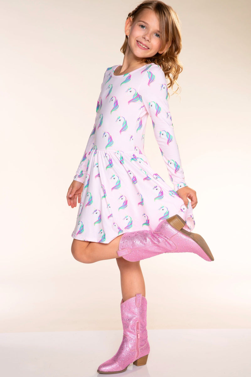 Simply Soft Long Sleeve Scoop Back Be Happy Dress - Pink Rainbow Unicorn - NEW!