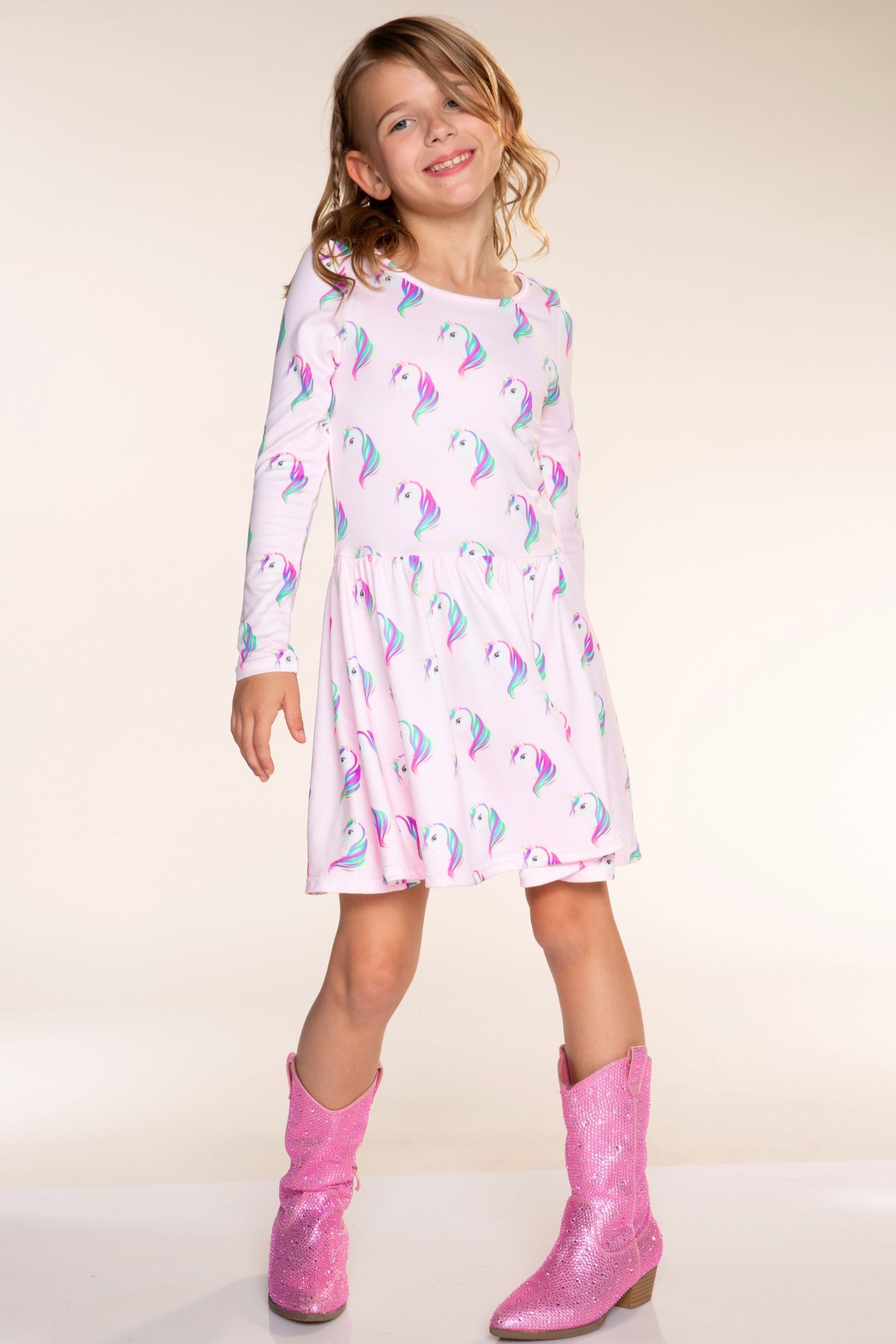 Simply Soft Long Sleeve Scoop Back Be Happy Dress - Pink Rainbow Unicorn - NEW!