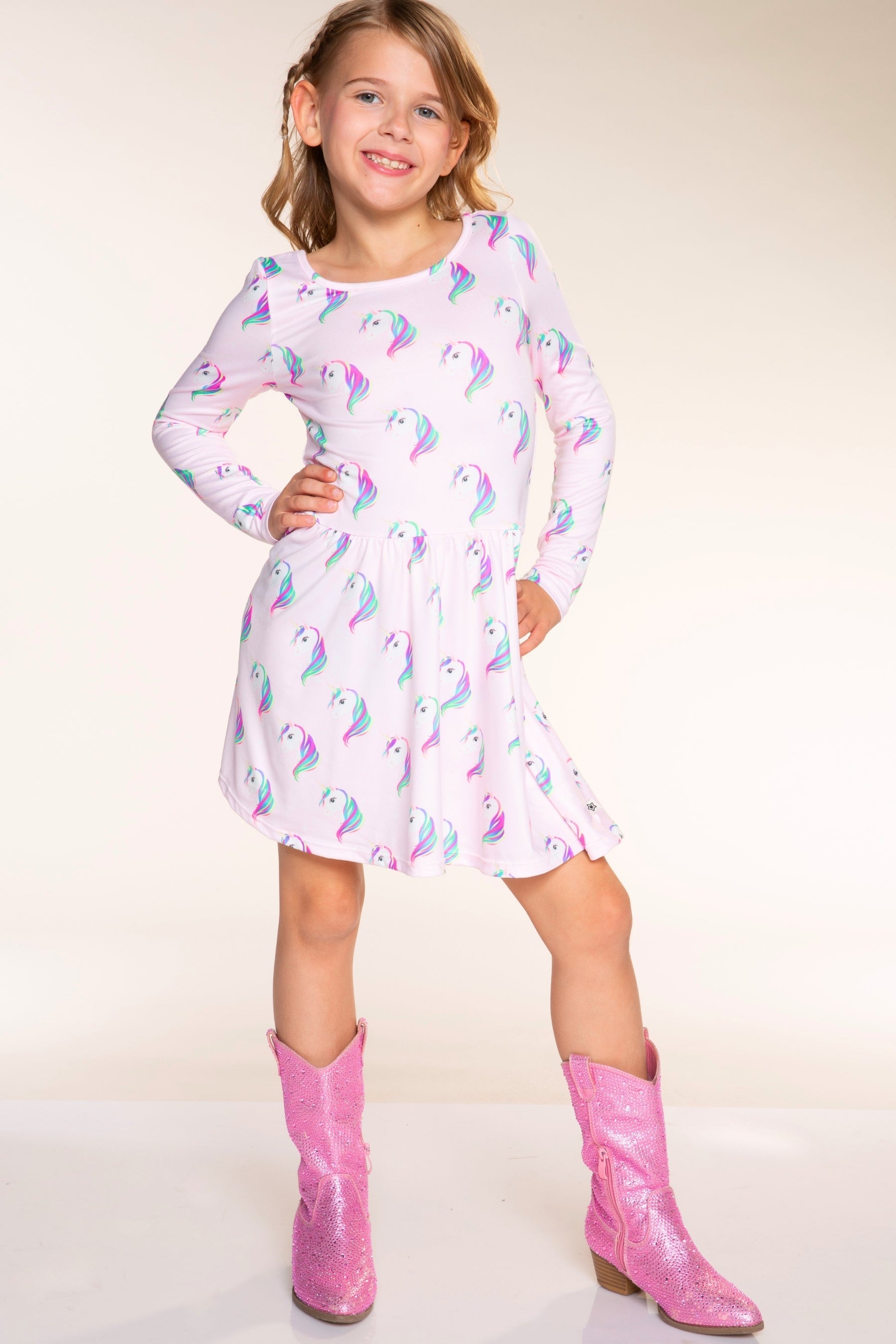 Simply Soft Long Sleeve Scoop Back Be Happy Dress - Pink Rainbow Unicorn - NEW!