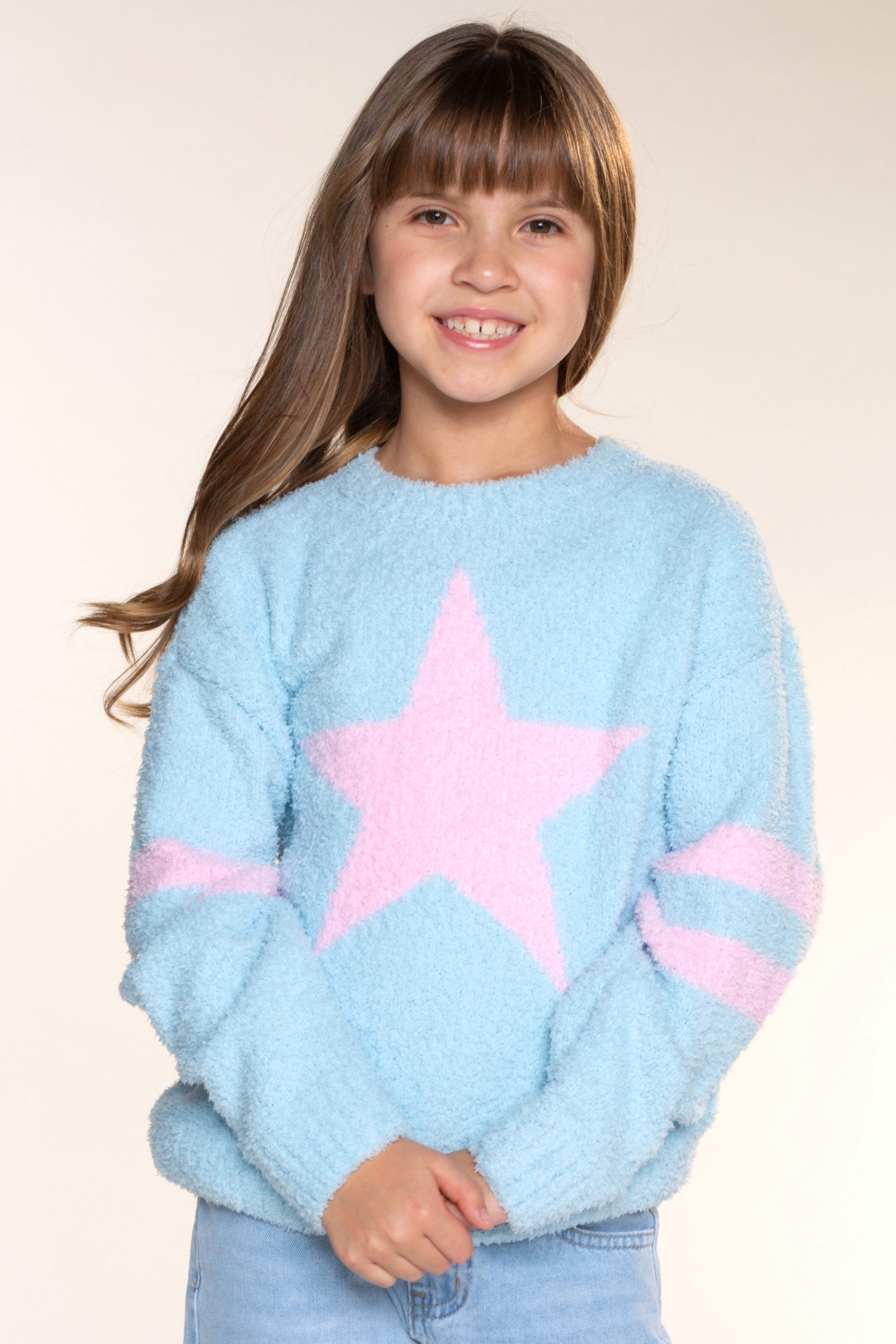 Cloud Plush Crew Neck Sweater - Dusty Blue Pink Star - NEW!
