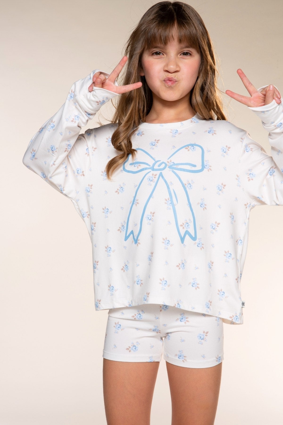 Simply Soft Long Sleeve Easy Tee & Tumble Short Lounge Set - Ivory Blue Floral - NEW!