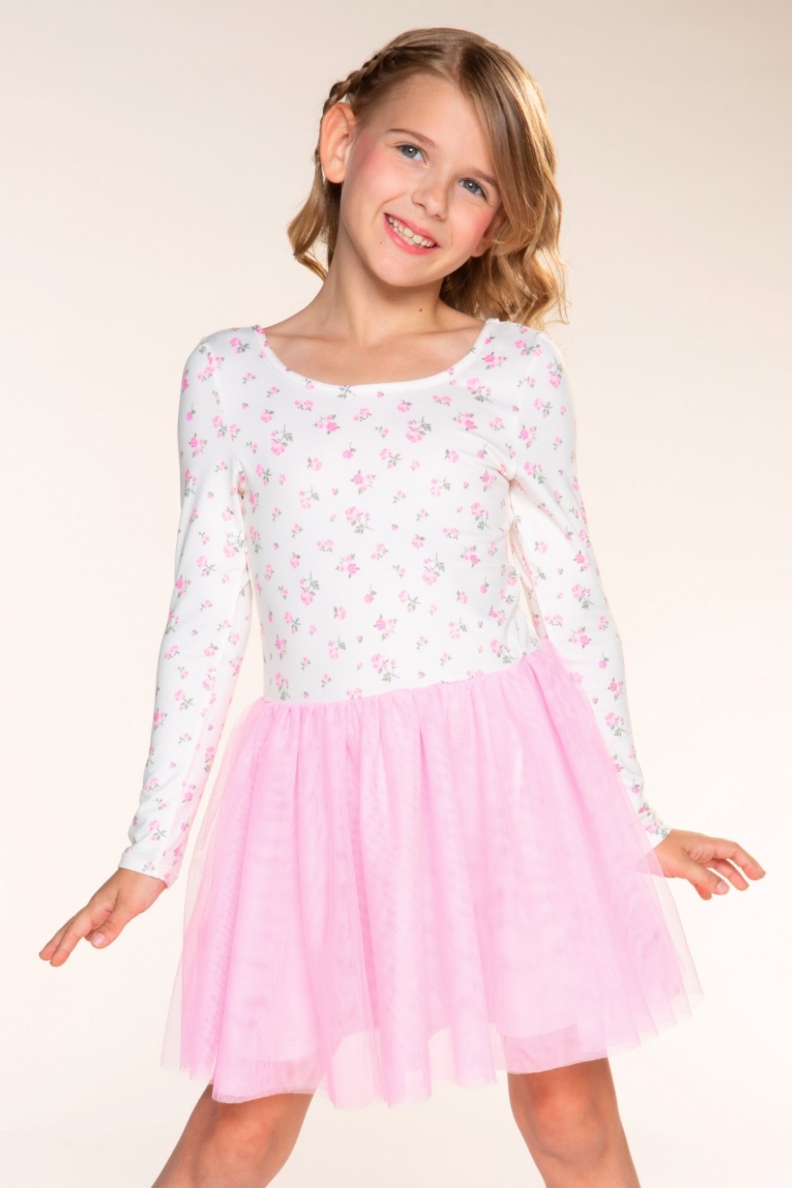 Simply Soft Long Sleeve Scoop Back Tulle Be Happy Dress - Pink Floral Bow Ivory - NEW!