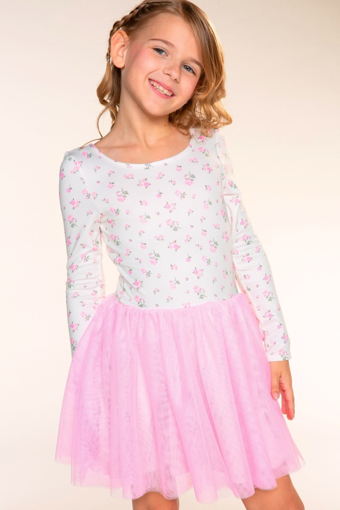 Simply Soft Long Sleeve Scoop Back Tulle Be Happy Dress - Pink Floral Bow Ivory - NEW!