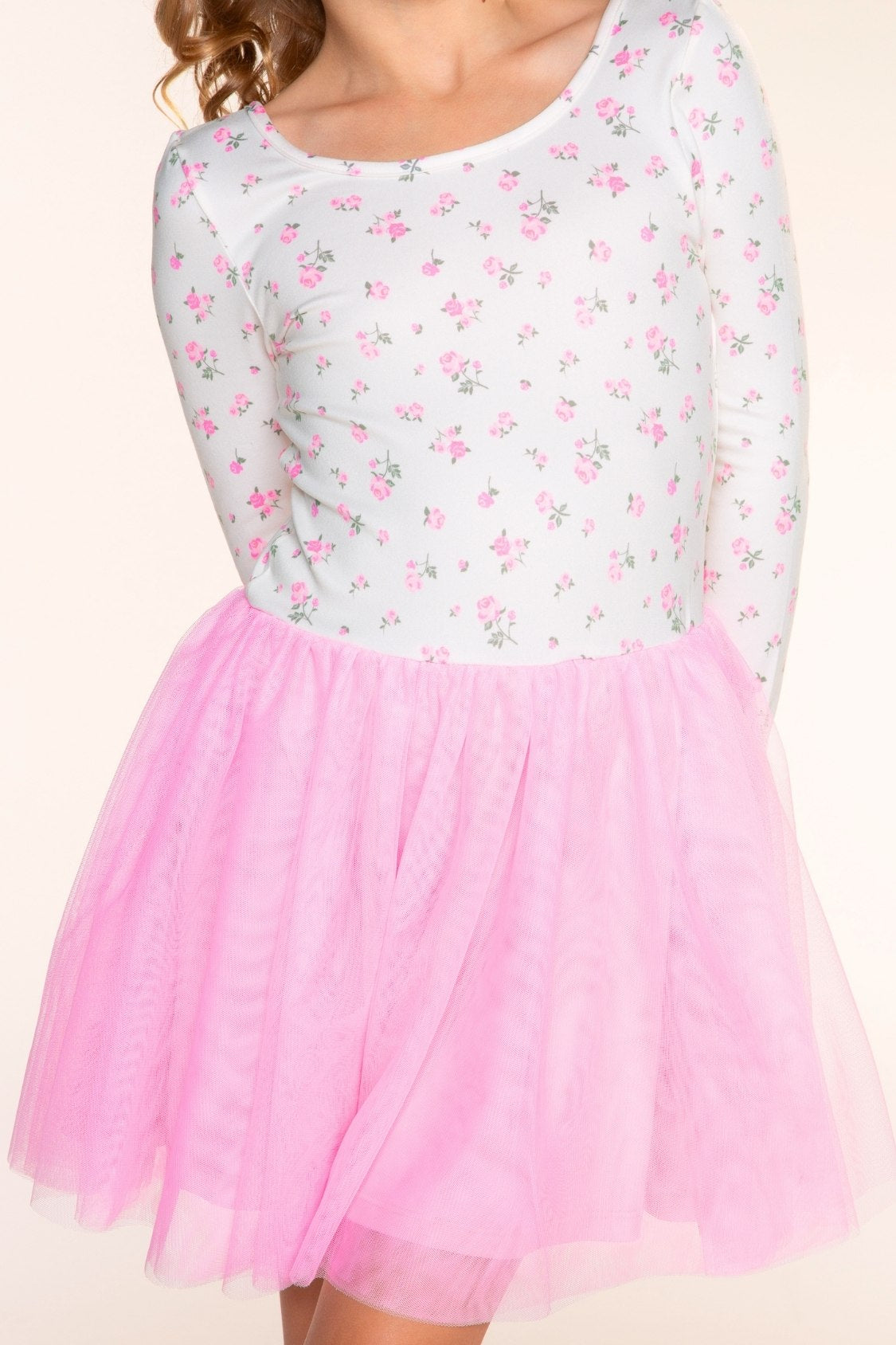 Simply Soft Long Sleeve Scoop Back Tulle Be Happy Dress - Pink Floral Bow Ivory - NEW!
